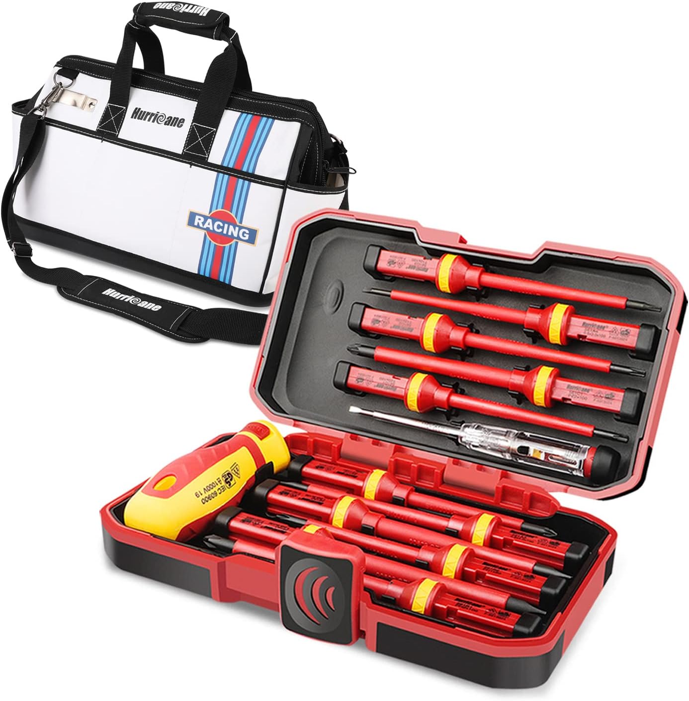 Hurricane 1000v Insulated Electrician Screwdriver Set with 16 Inch Racing Theme Wide Mouth Water Proof Base Tool Bag