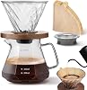 Pour Over Coffee Maker, 600ml/20oz Borosilicate Glass Carafe with Paper Filters, Walnut Base & Glass Lid, Holds 3 Cups, Ideal for Home, Café or Camping