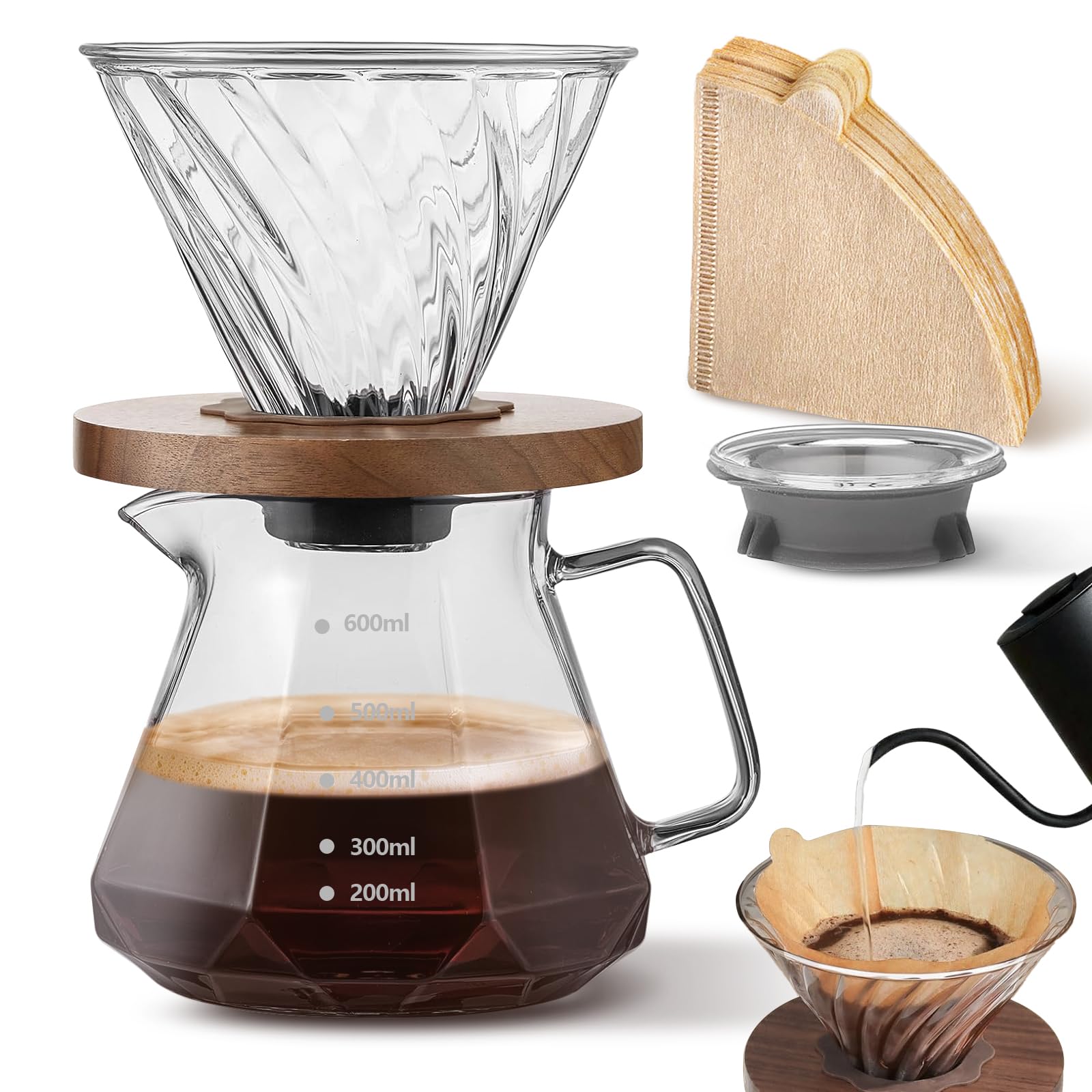 DOLLGIFT Pour Over Coffee Maker, 600ml/20oz Borosilicate Glass Carafe with Paper Filters, Walnut Base & Glass Lid, Holds 3 Cups, Ideal for Home, Café or Camping