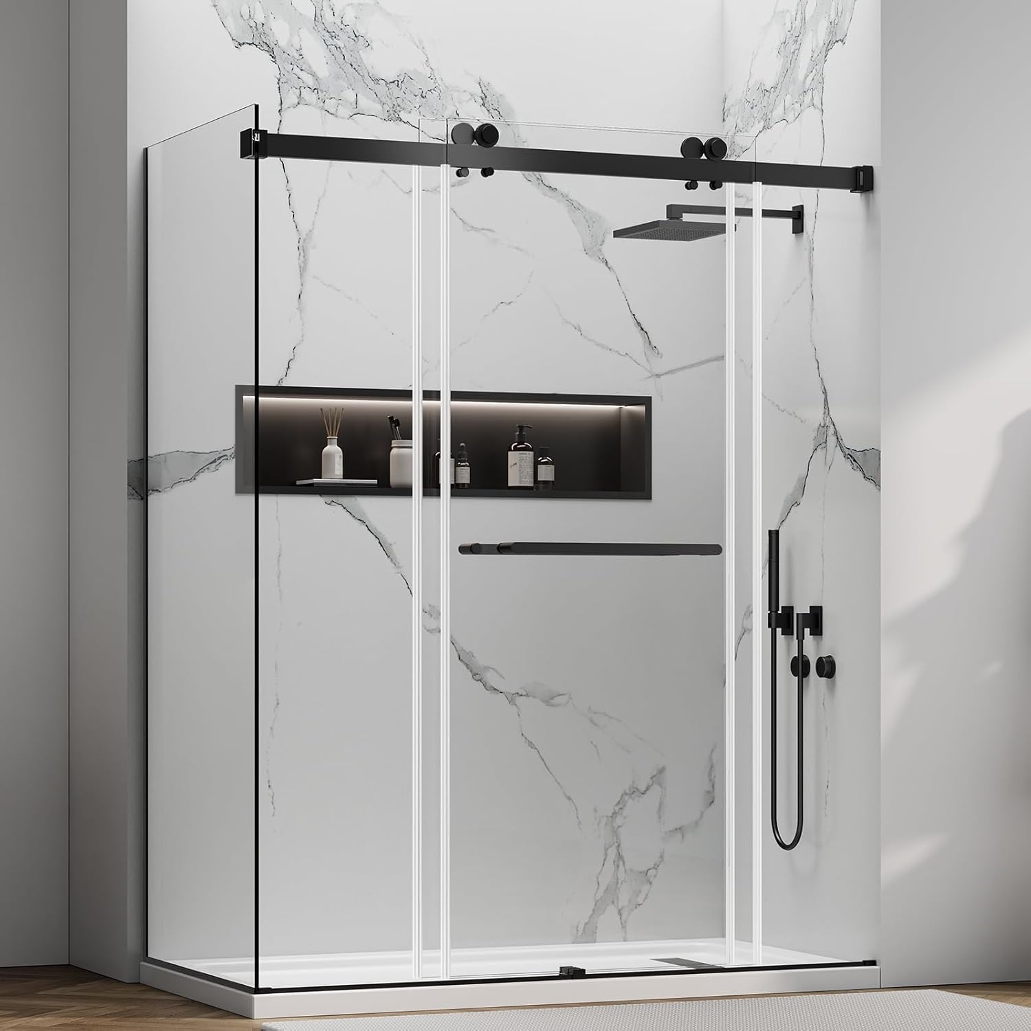 56-60" W x 32" D x76 H Frameless Shower Enclosure,Double Sliding Corner Shower Door,304 Stainless Steel Towel Bar Nano Coating Easy to Clean Tempered Glass, L-Shaped Glass Shower Door Black