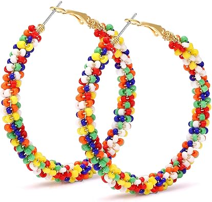 Beaded Hoop Earrings for Women Mixed Color Bead Dangle Earrings Bohemia Hoop Dangle Earring Studs for Women