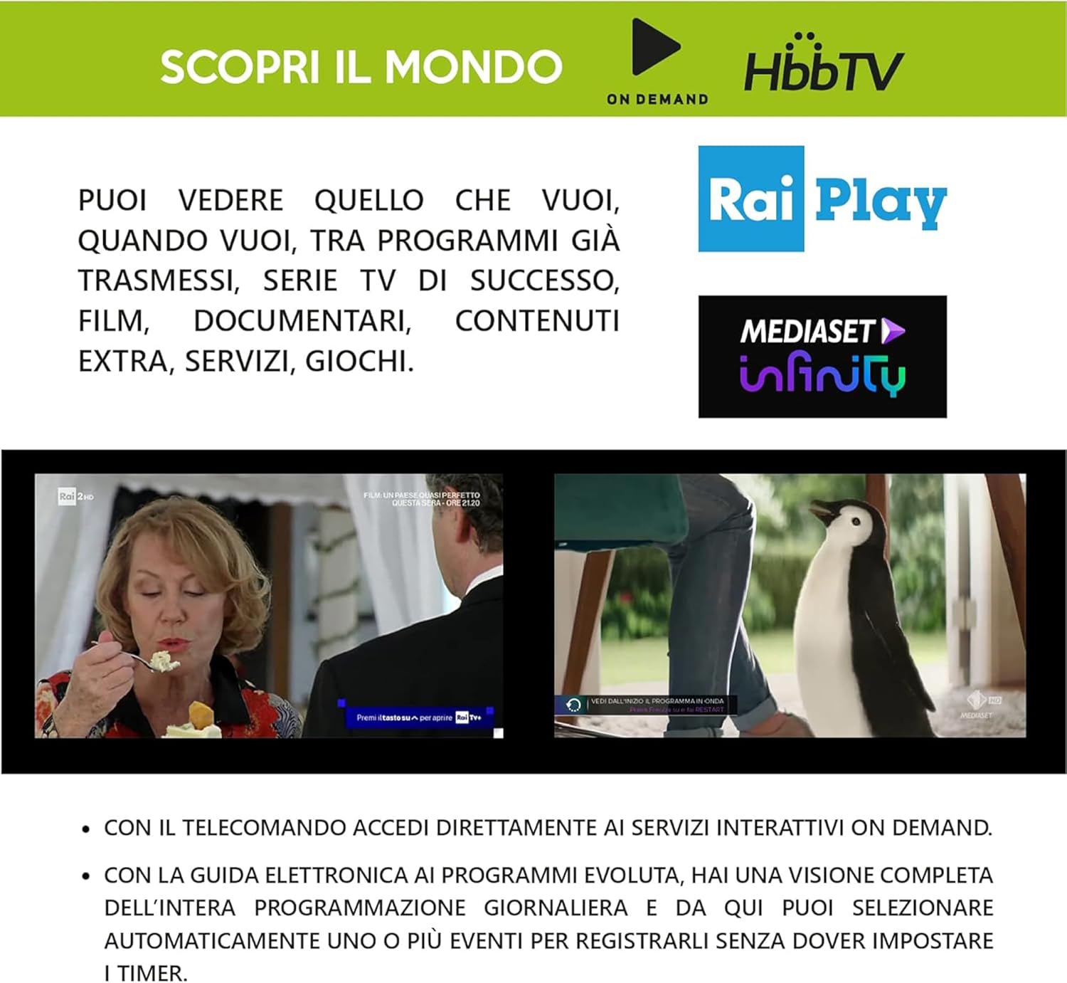 Logos for HbbTV, Rai Play, and Mediaset Infinity, indicating smart TV features.