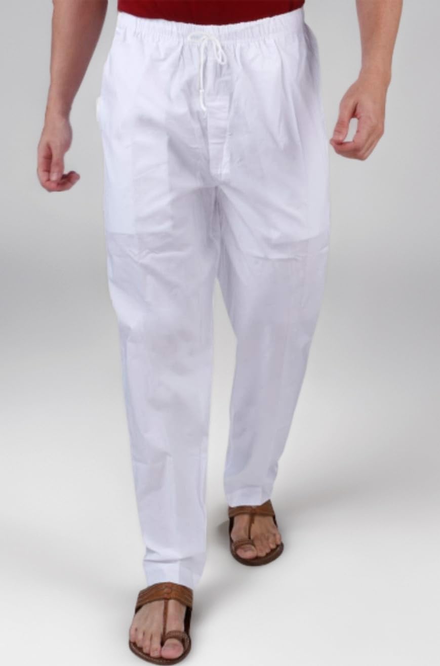 Men Elastic 100% Cotton White Pyjama (Double stitching)