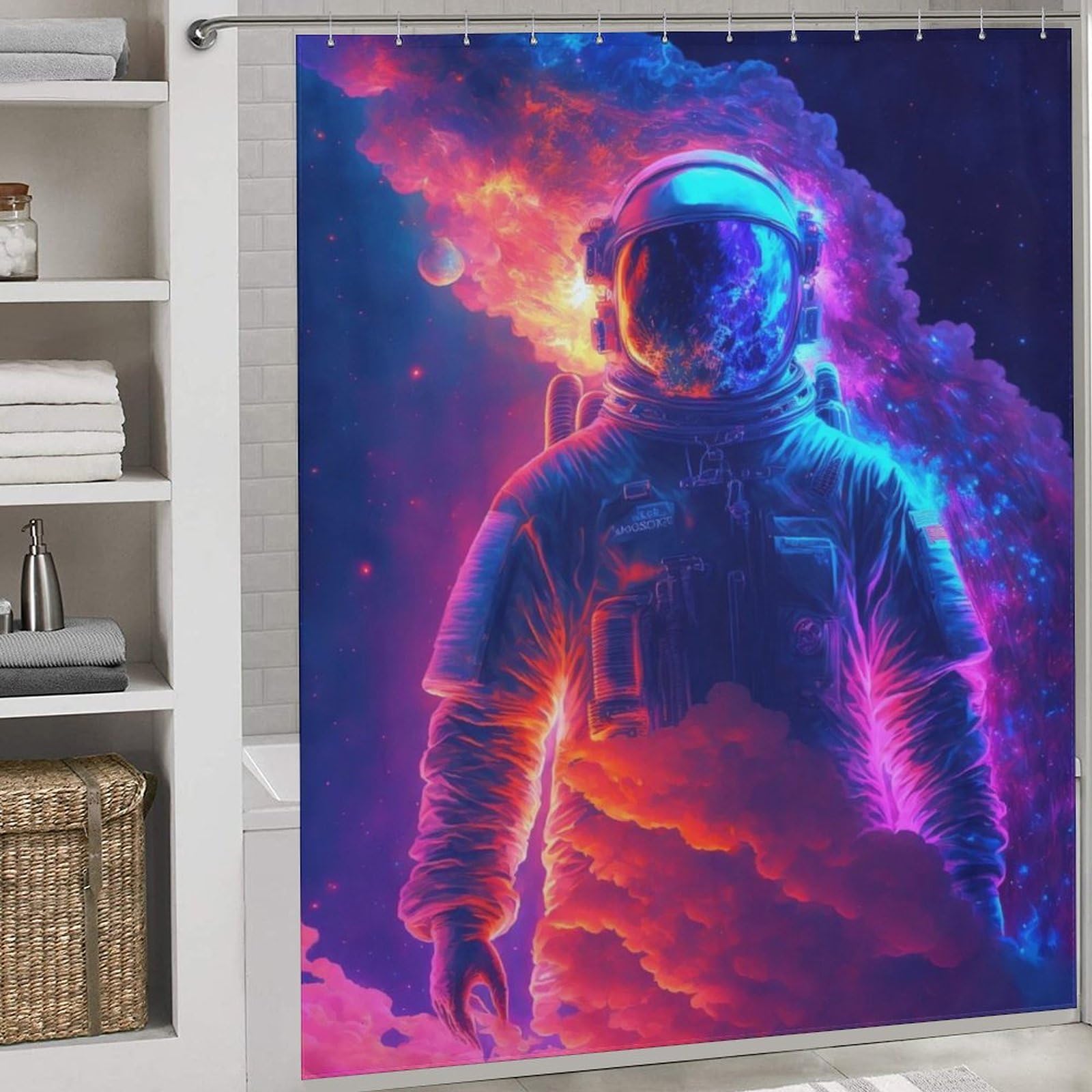 Rideau de douche astronaute néon en polyester lavable 183x183cm pour baignoire