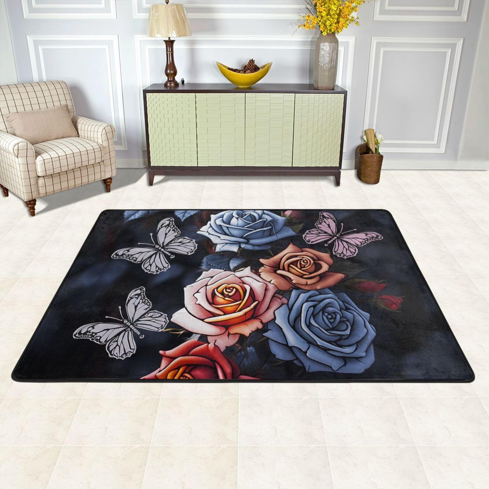 Tapis de sol de salon aux motifs roses et papillons pour une ambiance bucolique