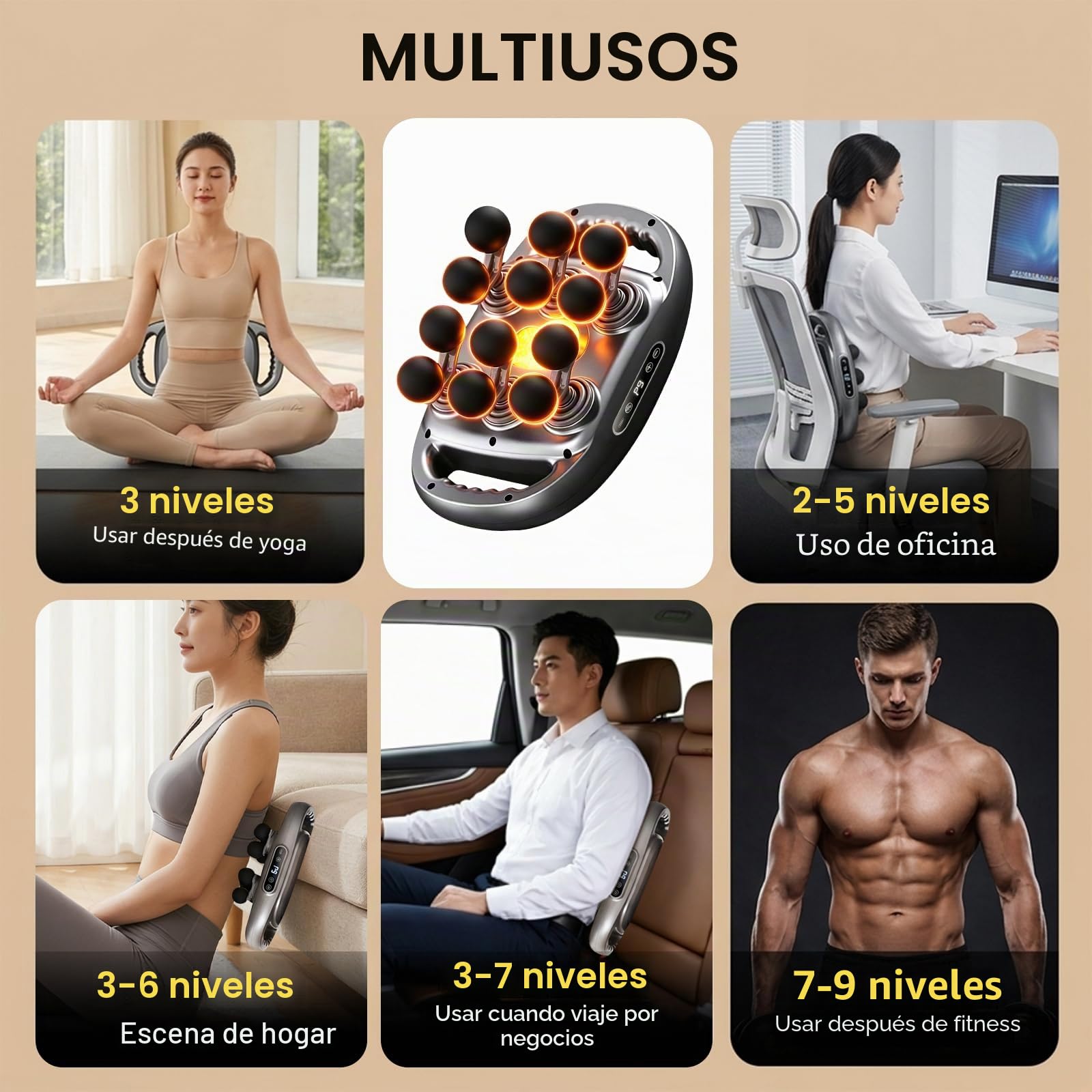 Pistola de Masaje Muscular 12 Cabezales, 25mm Amplitud Profunda, 9 Modos 9 Intensidades 81 Combinaciones, Calor Relajante, 35dB Silencioso, 2600mAh USB-C, para Espalda Piernas Cuello