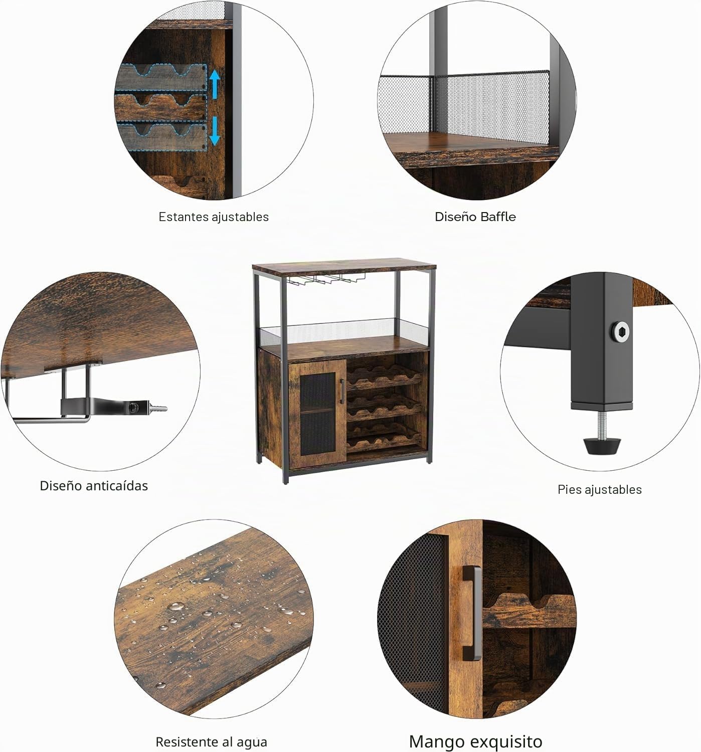 GarveeHome Gabinete para vinos con iluminación LED, armario de bar industrial 70x35x92 cm, estante para vinos ajustable con soporte para vasos para cocina, comedor, salón, mueble de cafetería - D