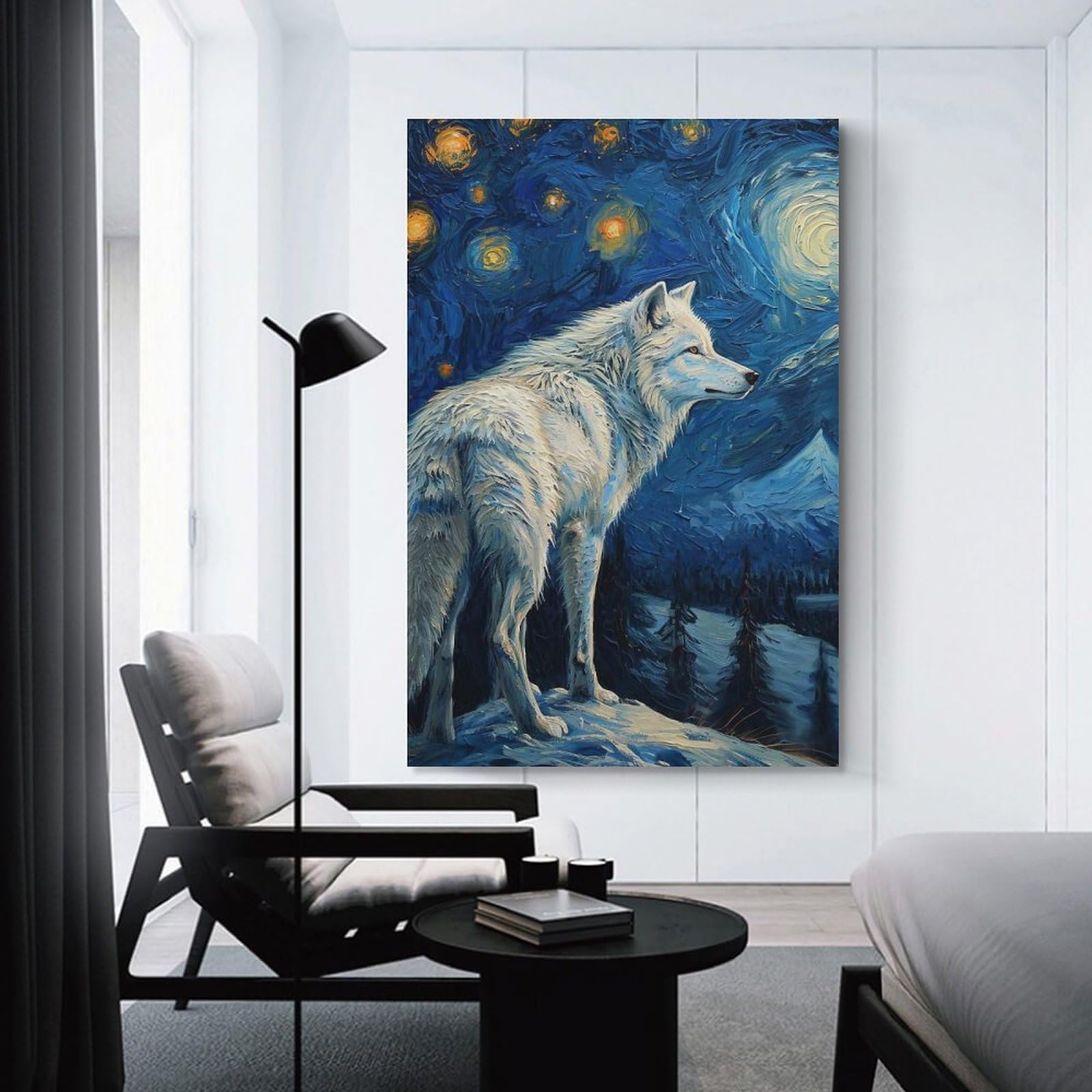 Junmoney Starlit White Wolf Decorative Wall Artwork, 08x12inch(20x30cm), for Home Lounge, Bedroom Or Reading Nook, Easy Decor for Gallery Walls