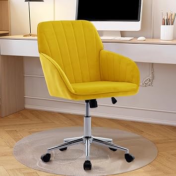 Swivel Home Office Desk Chair with Wheel,Ergonomic Vanity Computer Rolling Chair,Comfy Velvet Upholstered Armchair for Makeup Room Living Room Bedroom Bright Yellow