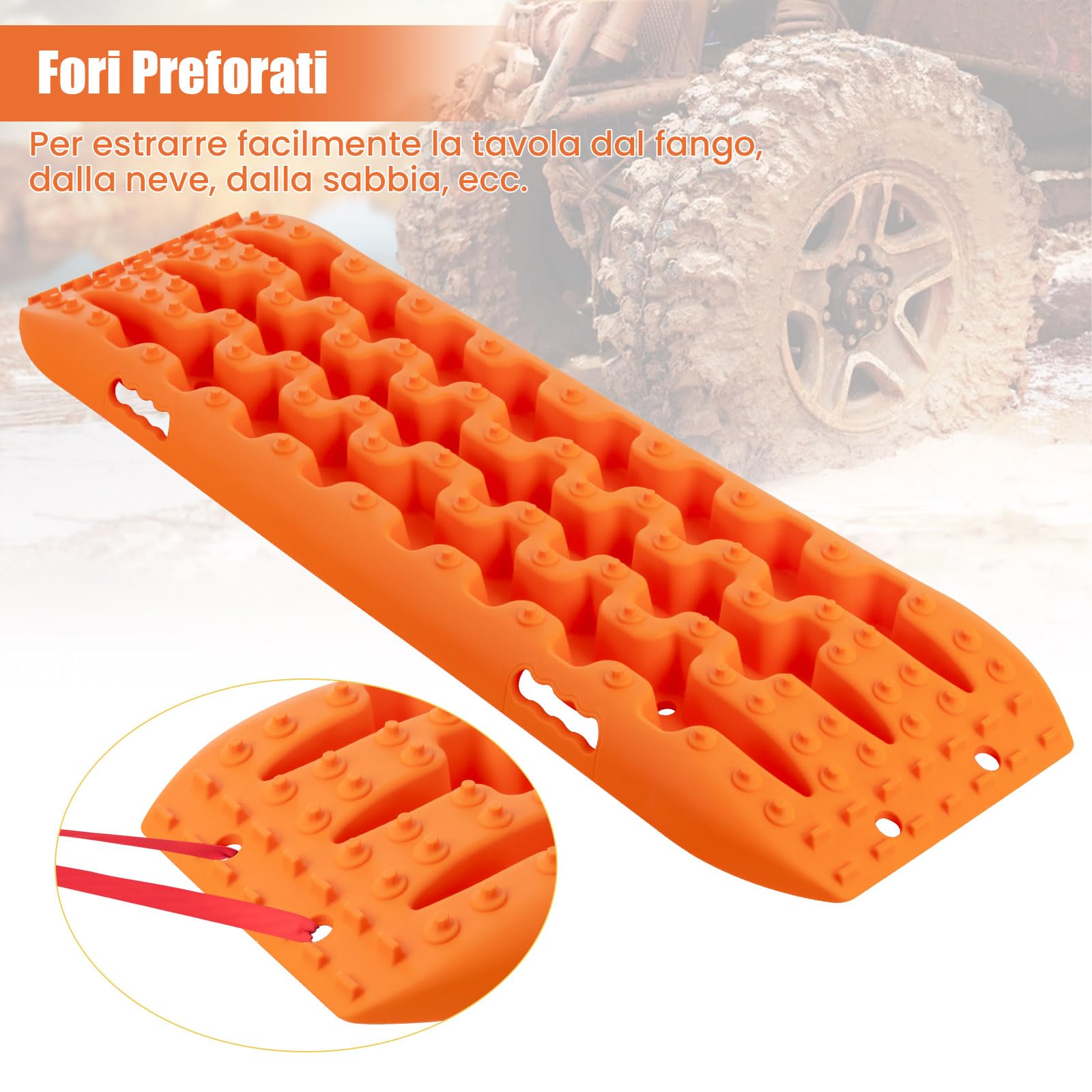 GYMAX Set di 2 Tappetini di Trazione, Piastra di Rilascio Contro Sabbia, Fango, Neve, Carico di 10 Tonnellate, per Veicoli Pesanti, Camper, Auto, Camion (107 x 31 x 7 cm, ARANCIONE)