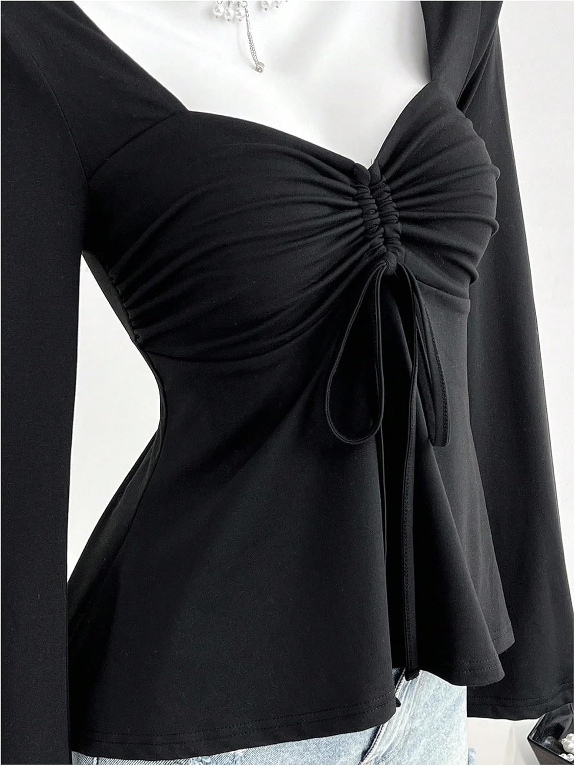 SOLY HUX Women's Long Bell Sleeve Peplum Top Sweetheart Neck T Shirts Tie Front Going Out Tees - Image 4