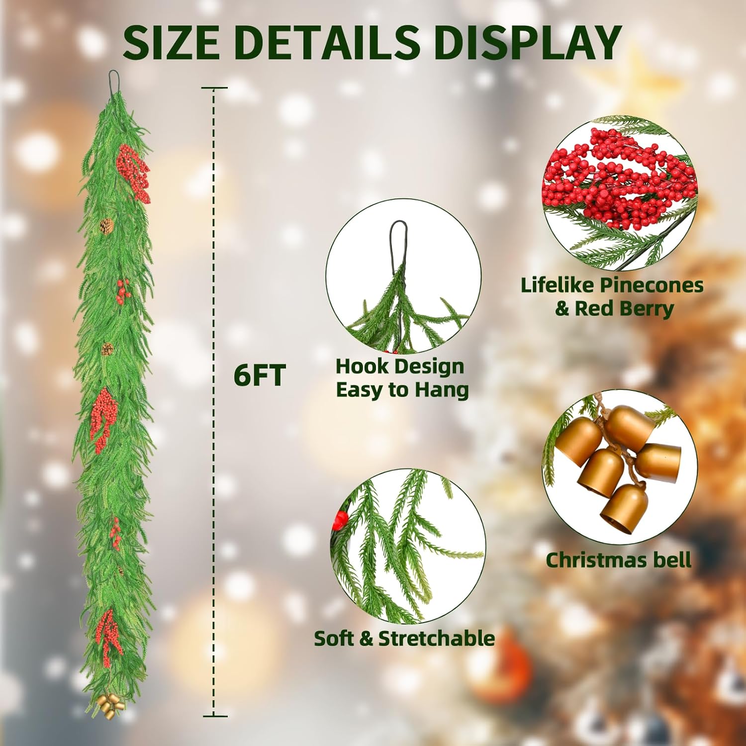 6FT Christmas Garland with Lights, Real Touch Norfolk Pine Garland with Pinecone Red Berry Bells, Faux Cedar Garland for Mantle Table Stairs Front Door Indoor Decor - Image 2