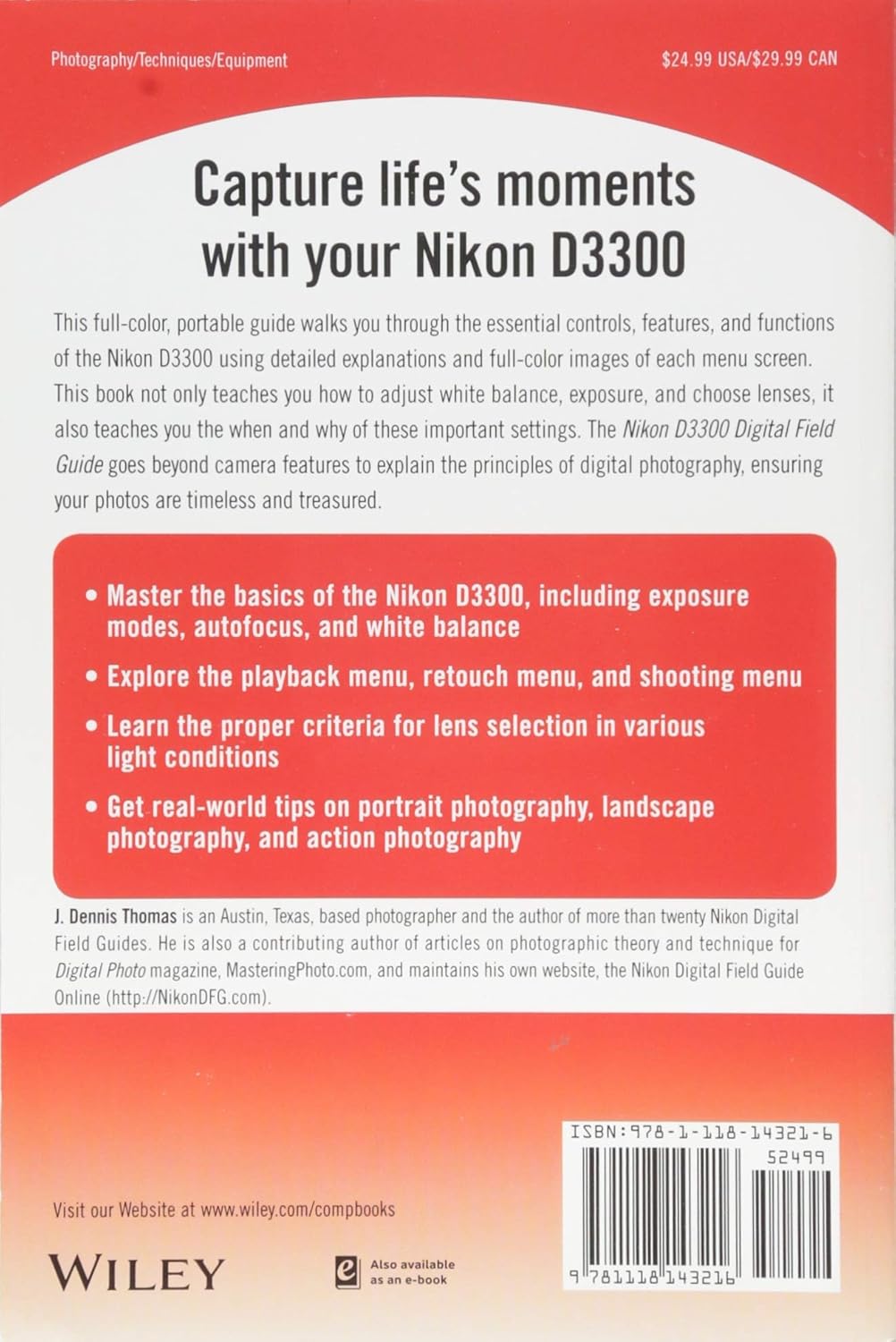Back cover of the Nikon D3300 Digital Field Guide showing key features and ISBN