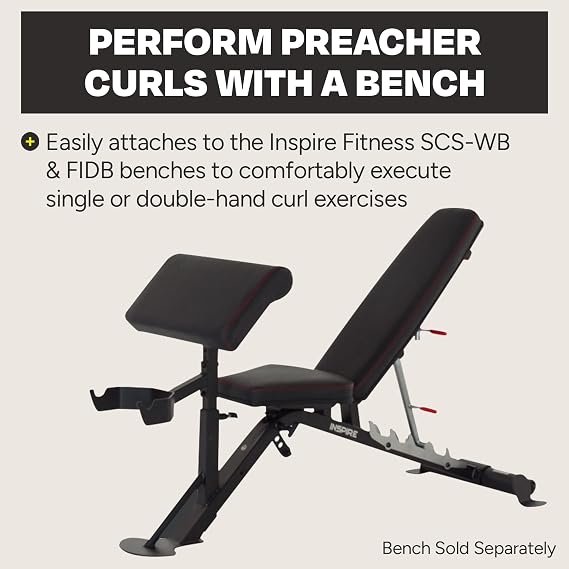 Inspire Fitness Preacher Curl Attachment Bicep Curl Bench Attachment for SCS & FT1 Benches Ideal for Hand Curl Exercises
