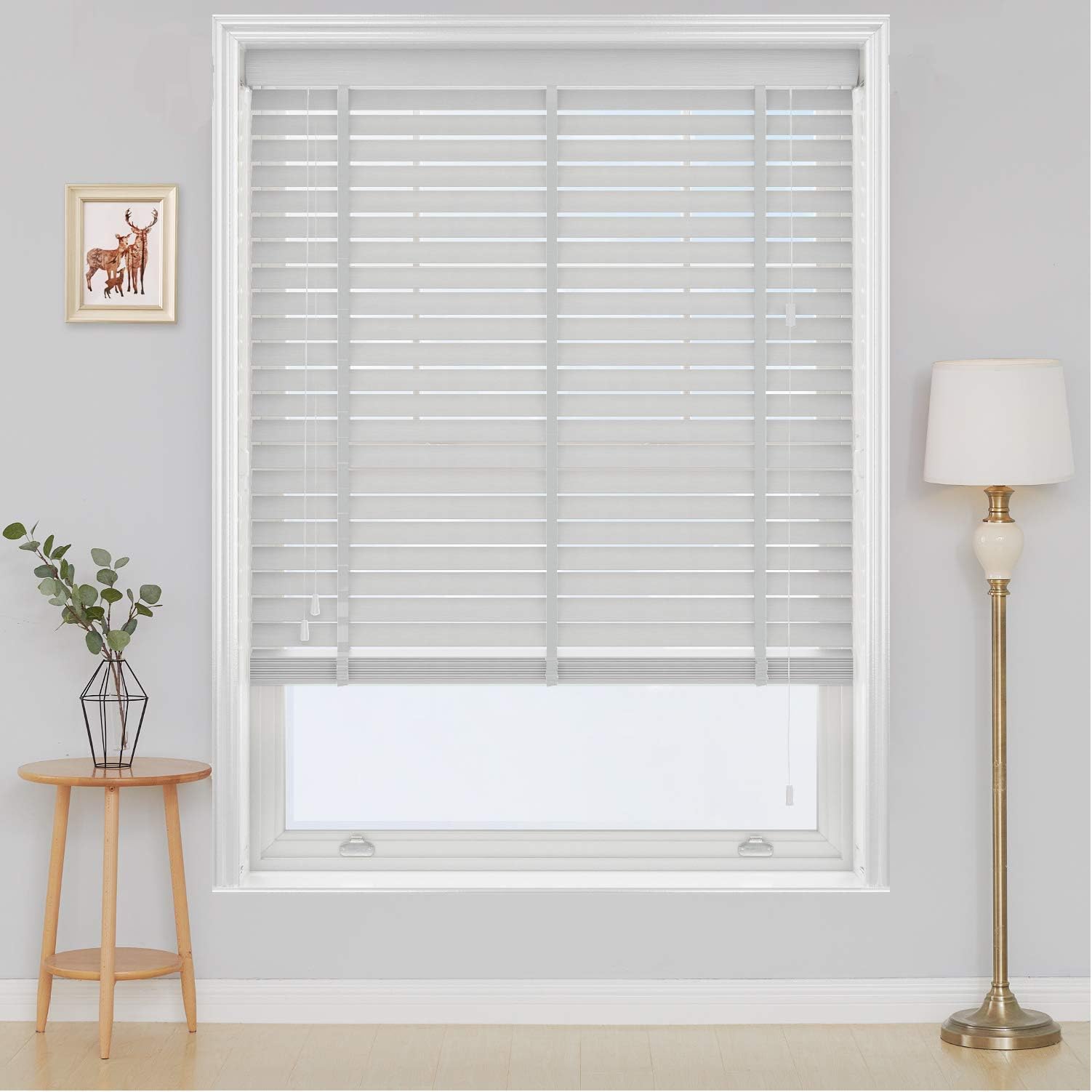 Funky Gadgets Faux Wood Venetian Blinds, 60cm W x 150cm L, White, PVC, Humidity Resistant, Silver/Grey & White Tape, Child Safe