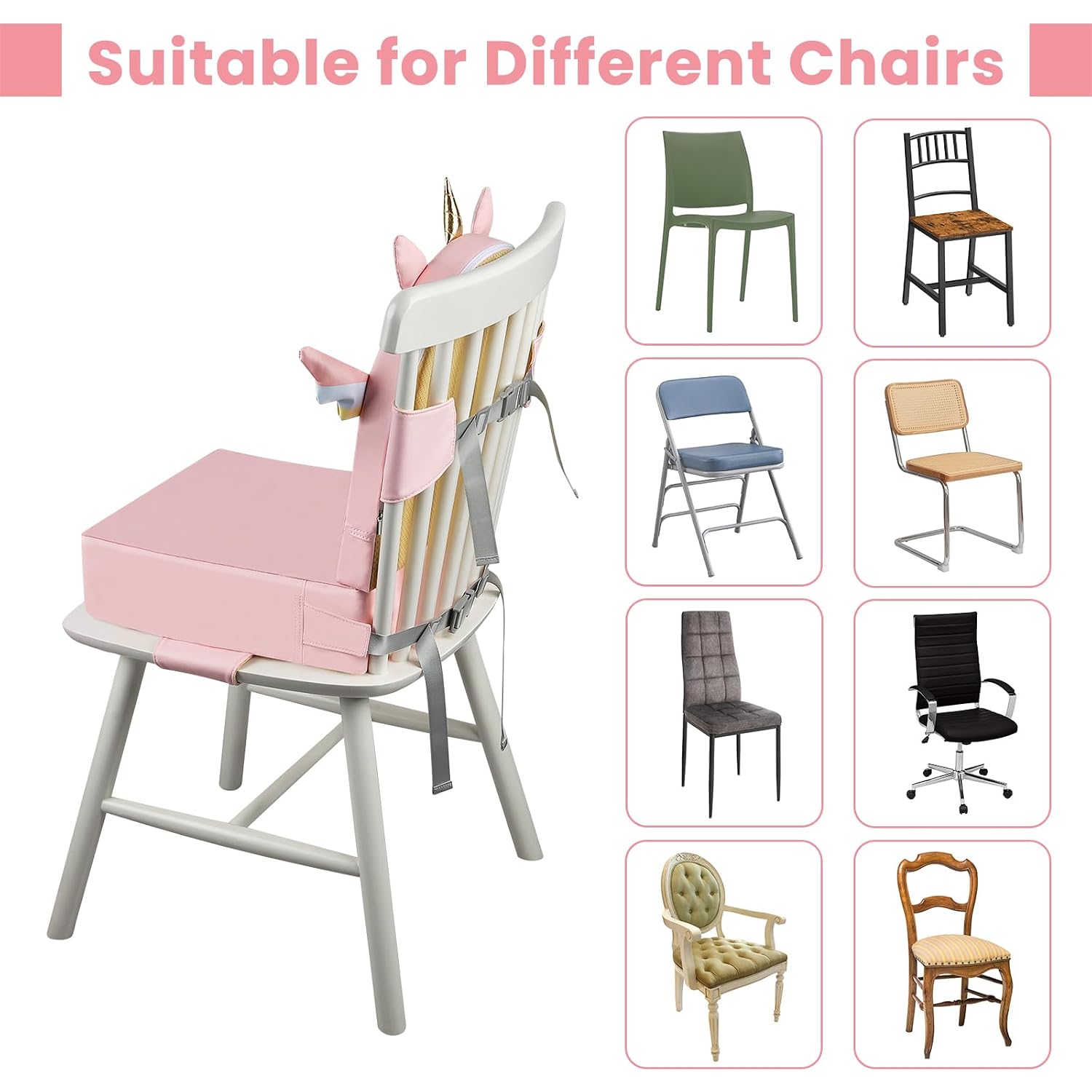 Toddler Booster Seat for Dining Table with Backrest, 4inch Non-Slip Kids Booster Seat for Kitchen Chair, PU Waterproof Detachable Increasing Cushion (Pink Unicorn)