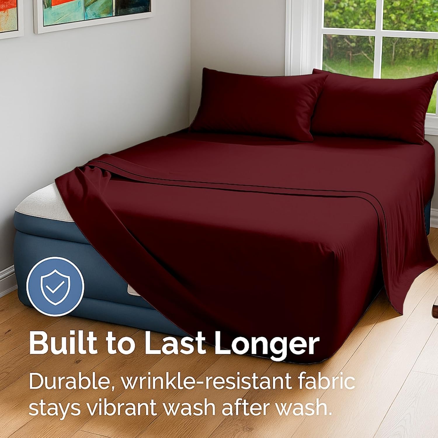 4 Piece Air Mattress Sheets Set, King Sheet Sets, Deep Pocket Up 16 to 24 Inches, Inflate at Any Time, 100% Egyptian Cotton, With Pump Opening, Convenient, Easy to use, King Size, Burgundy Solid