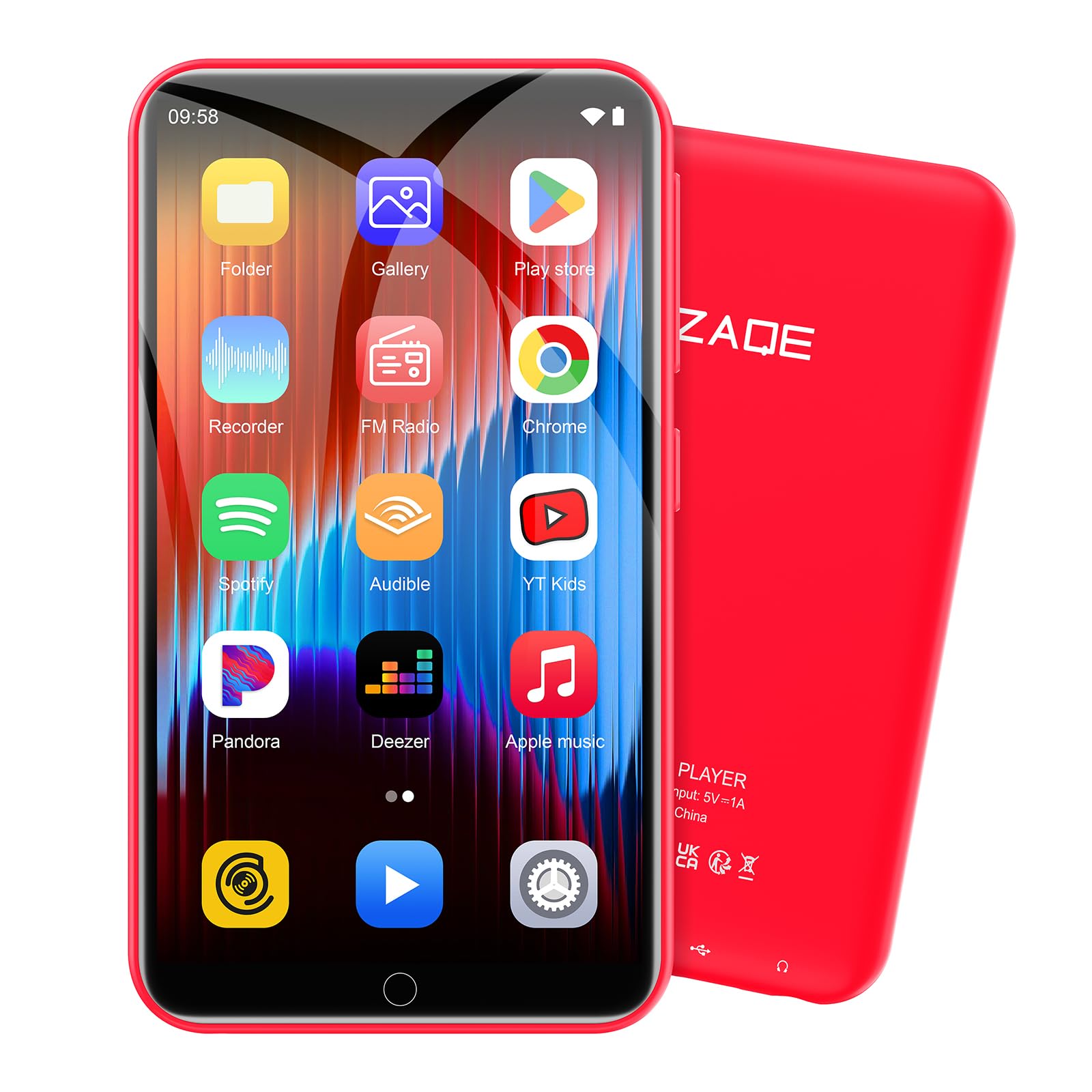 M Reproductor MP3 ZAQE de 32 GB con Bluetooth y WiFi, Reproductor MP4 con Android 13 y Spotify, Audible, Reproductor de música con Pantalla táctil Hi-Fi de 4,02 Pulgadas y Play Store (Rojo)