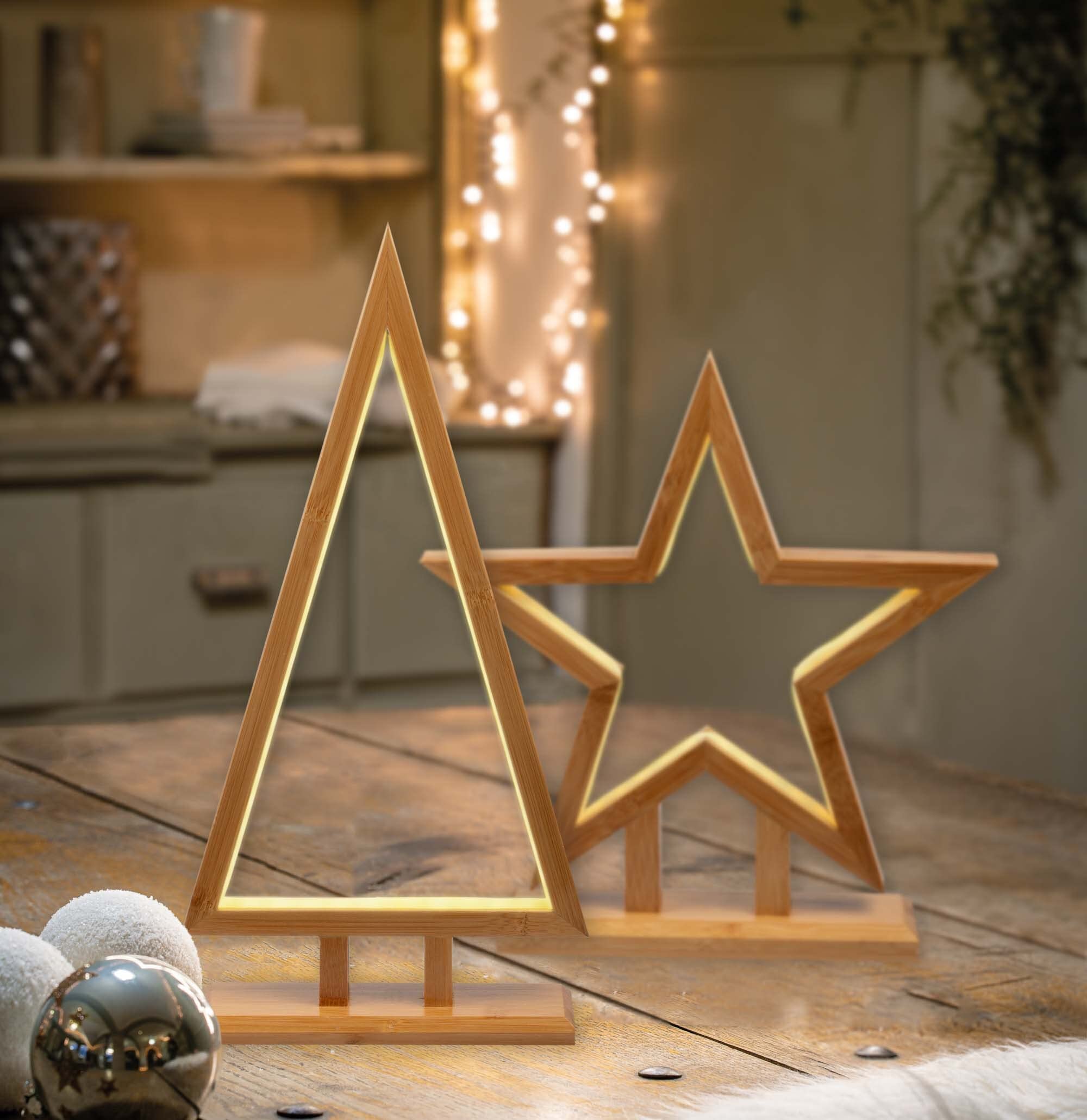 hellum LED Weihnachtsstern mt Lichtschlauch, warmweiß, 35cm, Weihnachtsdeko Innen, Kabel transparent, Bambus holzfarben, Zuleitung 3m, Weihnachtsbeleuchtung Innen 579246