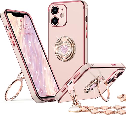 Miniatura 34 de XYZ Funda para iPhone 14 con soporte, funda para teléfono con soporte de doble anillo, para mujeres y niñas, funda transparente con purpurina de Oro