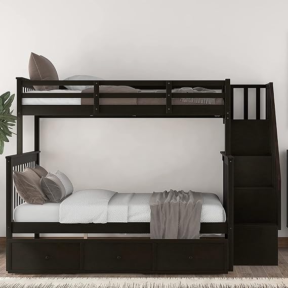 MERITLINE Bunk Bed Twin Over Full with Storage Drawers and Stairs, Solid Wood Bunk Bed with Safety Guardrails for Kids Teens Adults, Detachable Bunk Beds (Espresso)