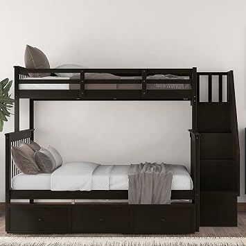 MERITLINE Bunk Bed Twin Over Full with Storage Drawers and Stairs, Solid Wood Bunk Bed with Safety Guardrails for Kids Teens Adults, Detachable Bunk Beds (Espresso)