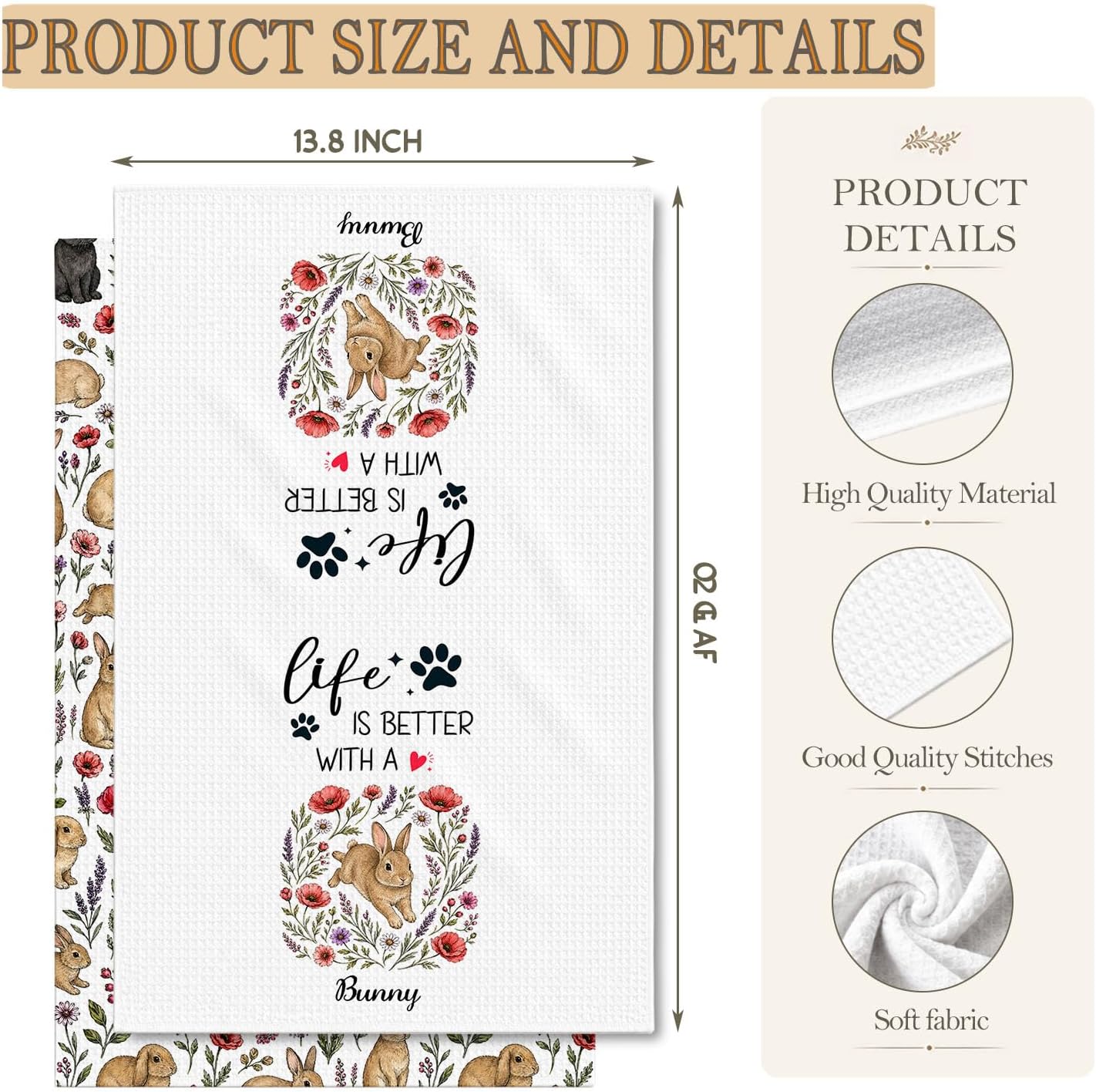 Rabbit Kitchen Towels, Farmhouse Waffle Tea Towels, Bunny Lover Gifts image 2
