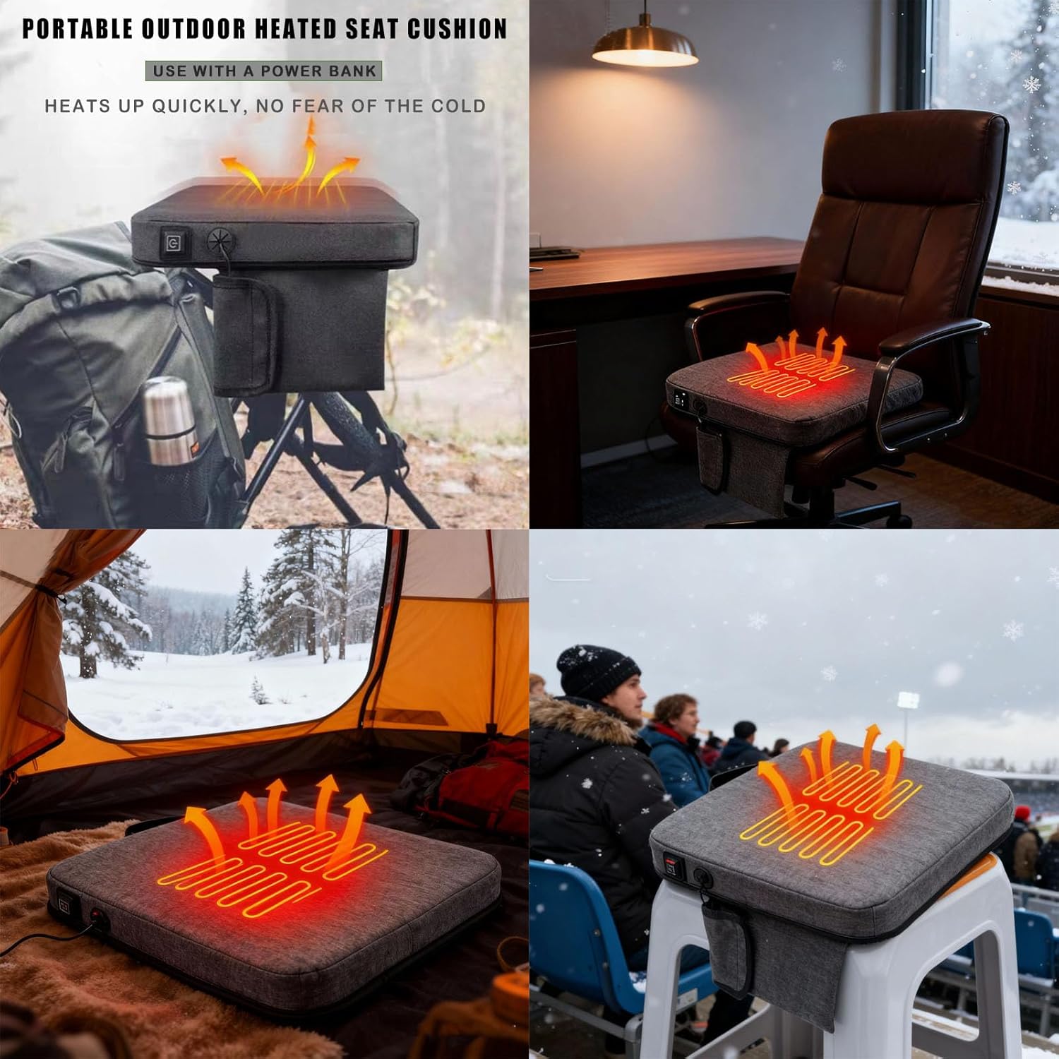 Portable Heated Seat Cushion Stadium Bleacher Heated Seat USB Battery Powered Heating Pad for Outdoor Camping Boat Park, Not Included