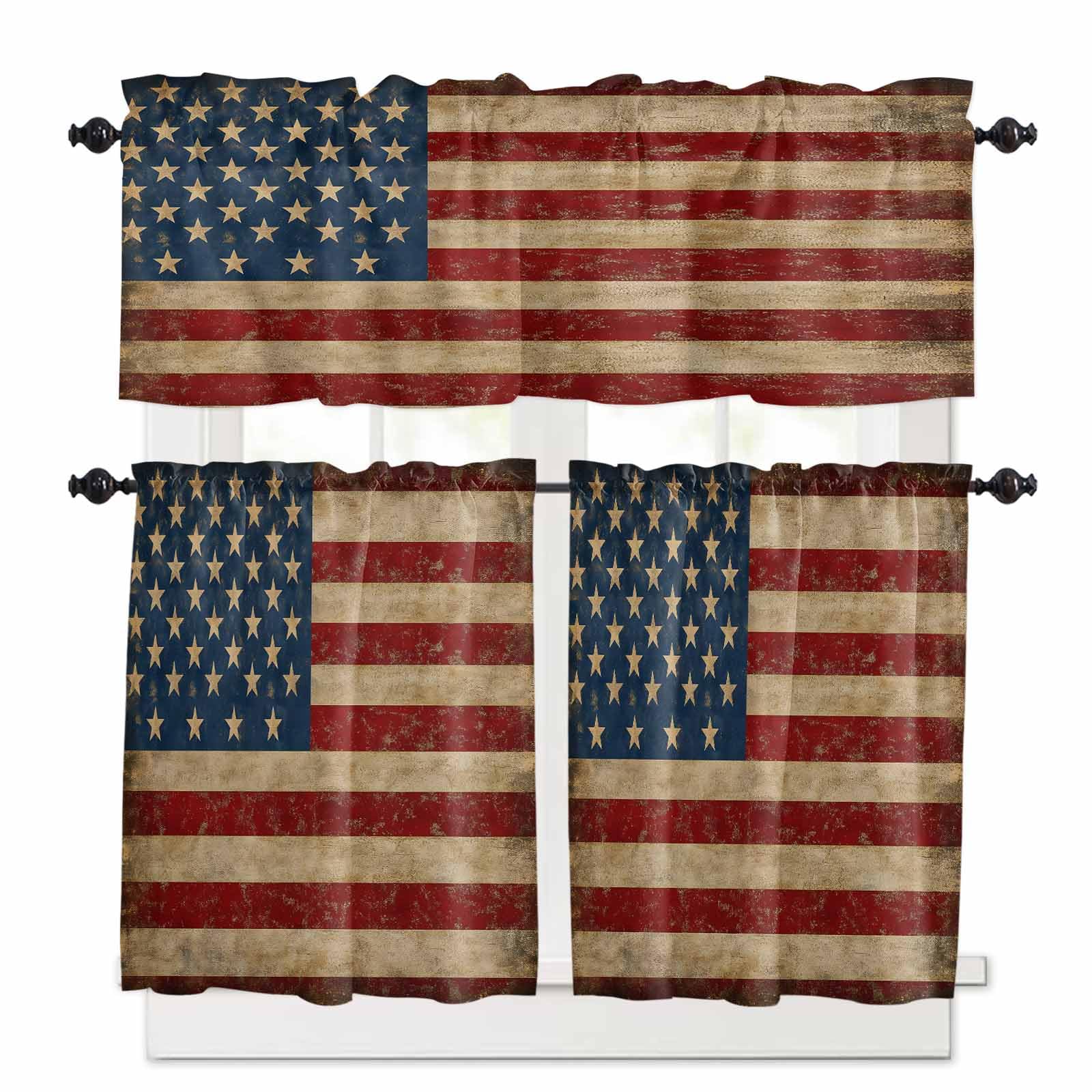 Vintage American Flag Kitchen Curtains 24 Inch Length, 3 Piece Rod Pocket Small Half Tiers and Valance Set, Retro USA Flag Blue Red Small Large Window Treatment Decor for Bedroom/Bathroom Sink