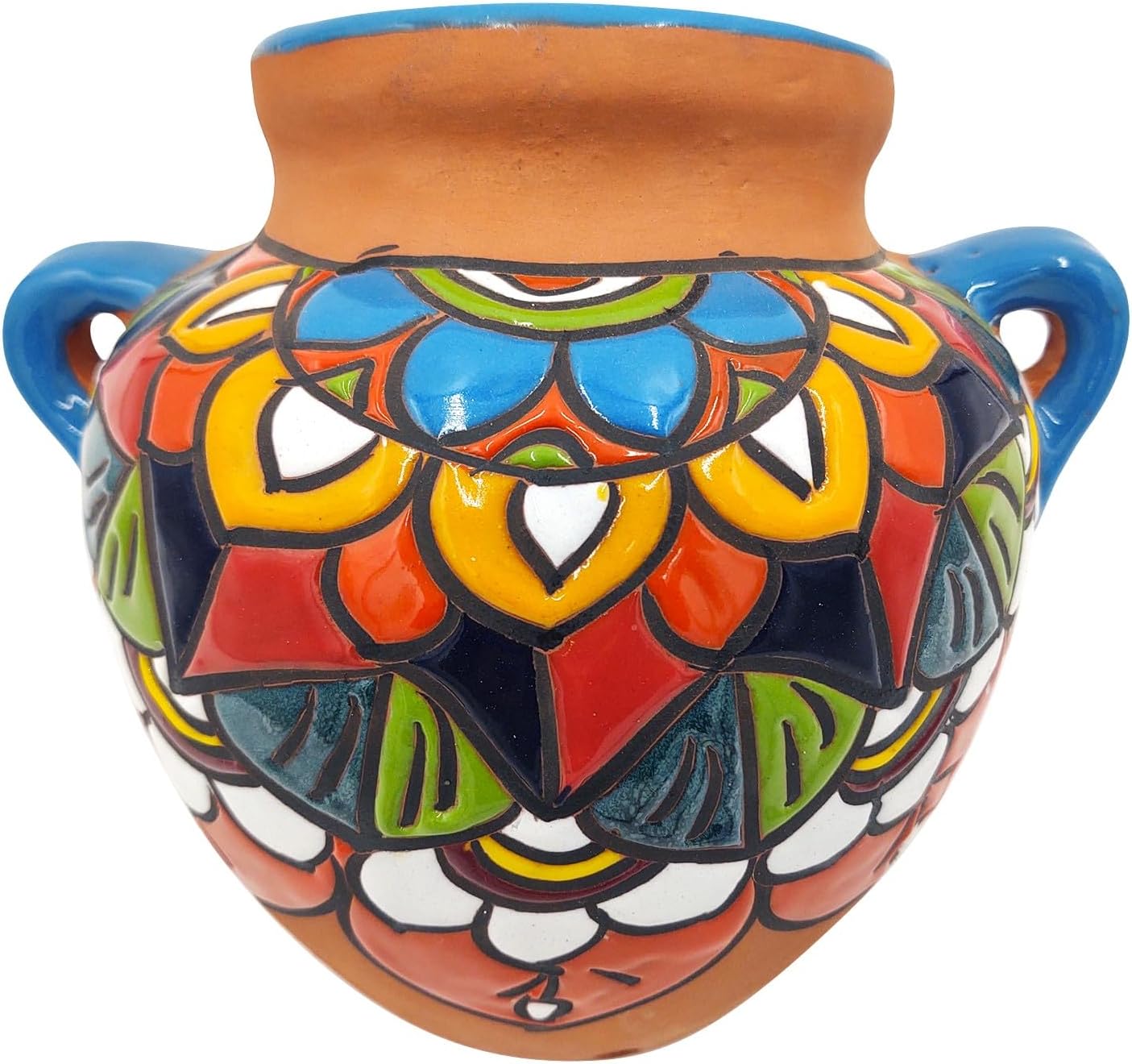 Cactus Canyon Ceramics Talavera Terracotta Cubanito Wall Pot - Mexican Wall Planter (10.5" W x 10" L x 7.5" H) Terracotta with LIGHT BLUE TRIM - Mexican Decor Maceta de Pared