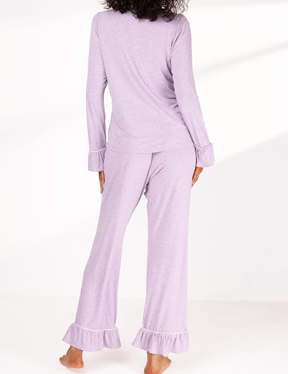 Women Bamboo Viscose Pajama Sets Ruffled Cuff Hem Long Sleeve Fancy Yarn 2 Piece Loungewear Loose Fit Drop Shoulder - Image 3