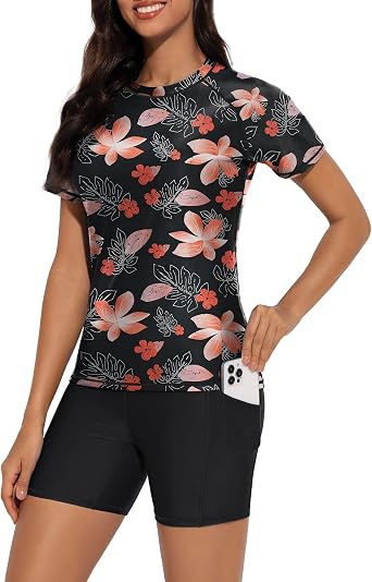 Womens 2 Piece Short Sleeve Rash Guard Swimsuits UPF 50+ Bathing Suit with Boyshorts with Pockets