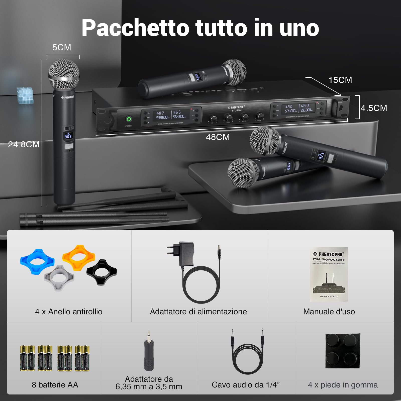 Phenyx Pro Sistema microfono wireless a quattro canali con scansione automatica, 4x40 frequenze UHF, lunga portata di 328 piedi, 4 microfoni dinamici palmari per canto, chiesa, karaoke (PTU-7000-4H)