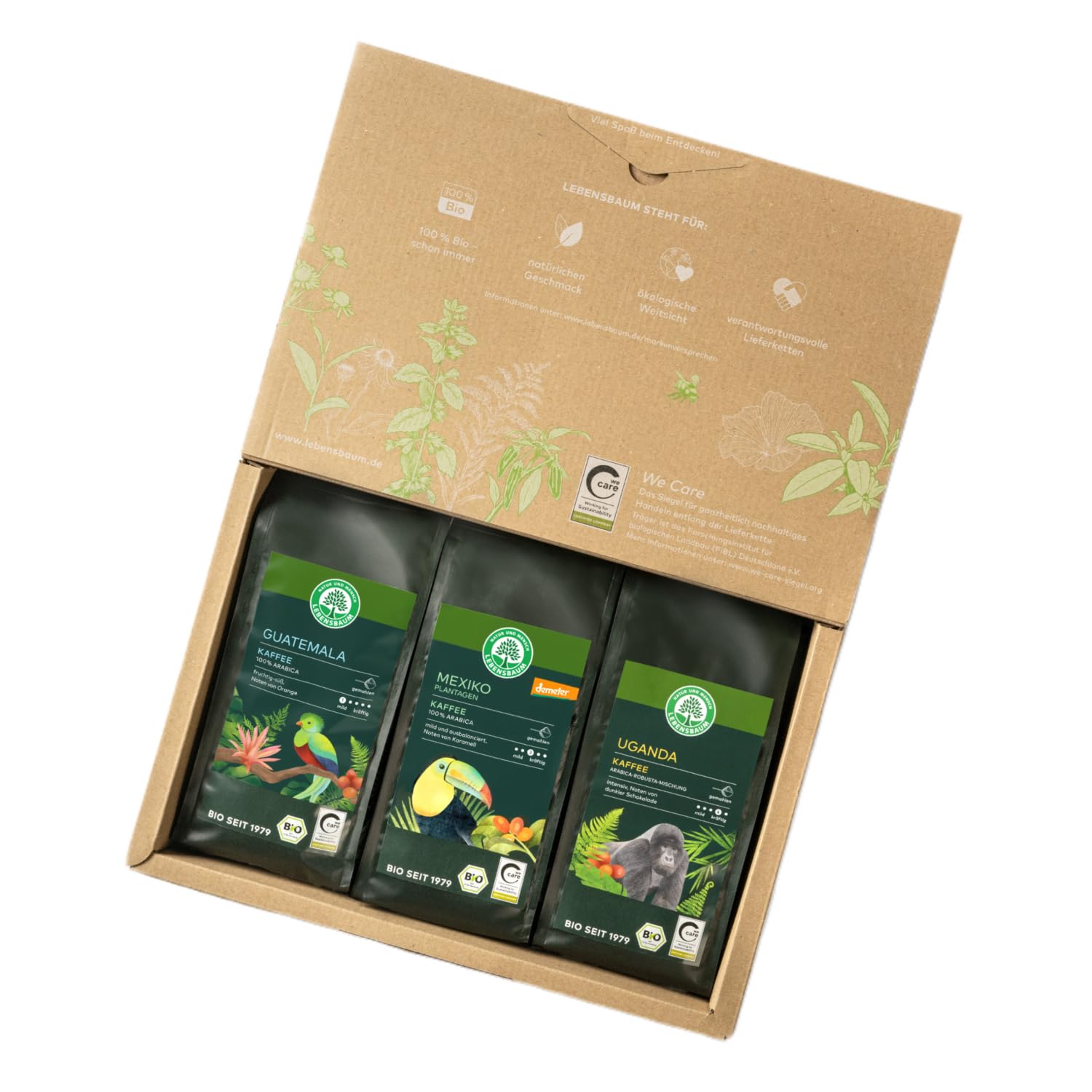 LEBENSBAUM Bio Kaffee Geschenkset Herkunftskaffee gemahlen 3 x 250 g Uganda Guatemala Mexiko