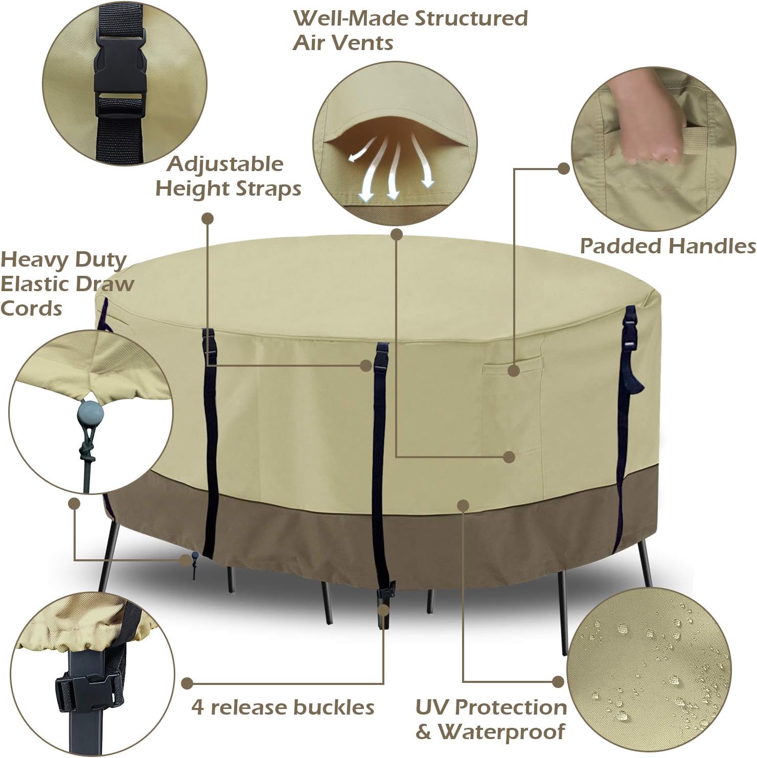 Ogrmar Patio Furniture Cover, Round Outdoor Waterproof & Sun Resistant Table Set Cover,Beige and Brown (96 x 27.5 inch)