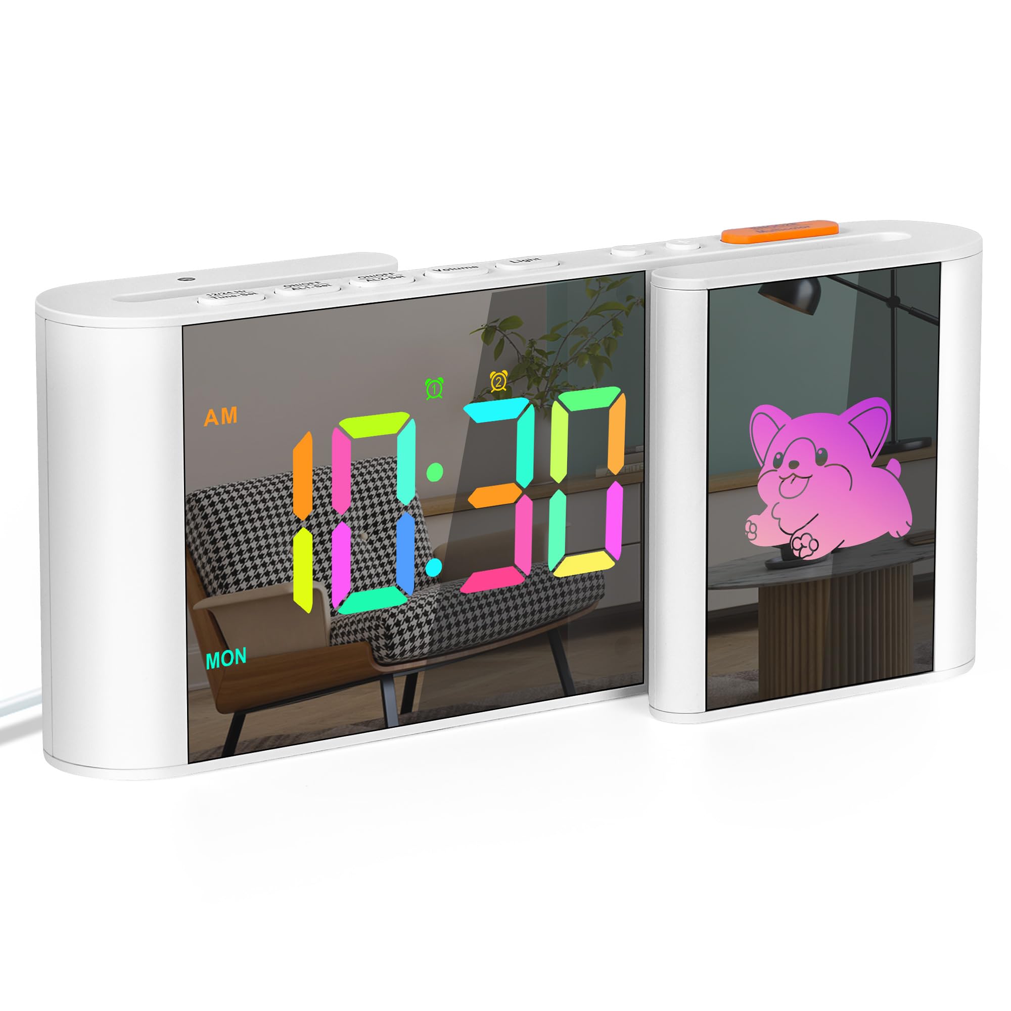 Sukeen Alarm Clocks Bedside, Alarm Clock With Cute Puppy, Digital Clock With Dual Alarm, 11 Colors Digits, 10 Colors Cartoon, Week, Dimmable, Volume, Mirror Clock for Kids Adults Home Bedroom Decor