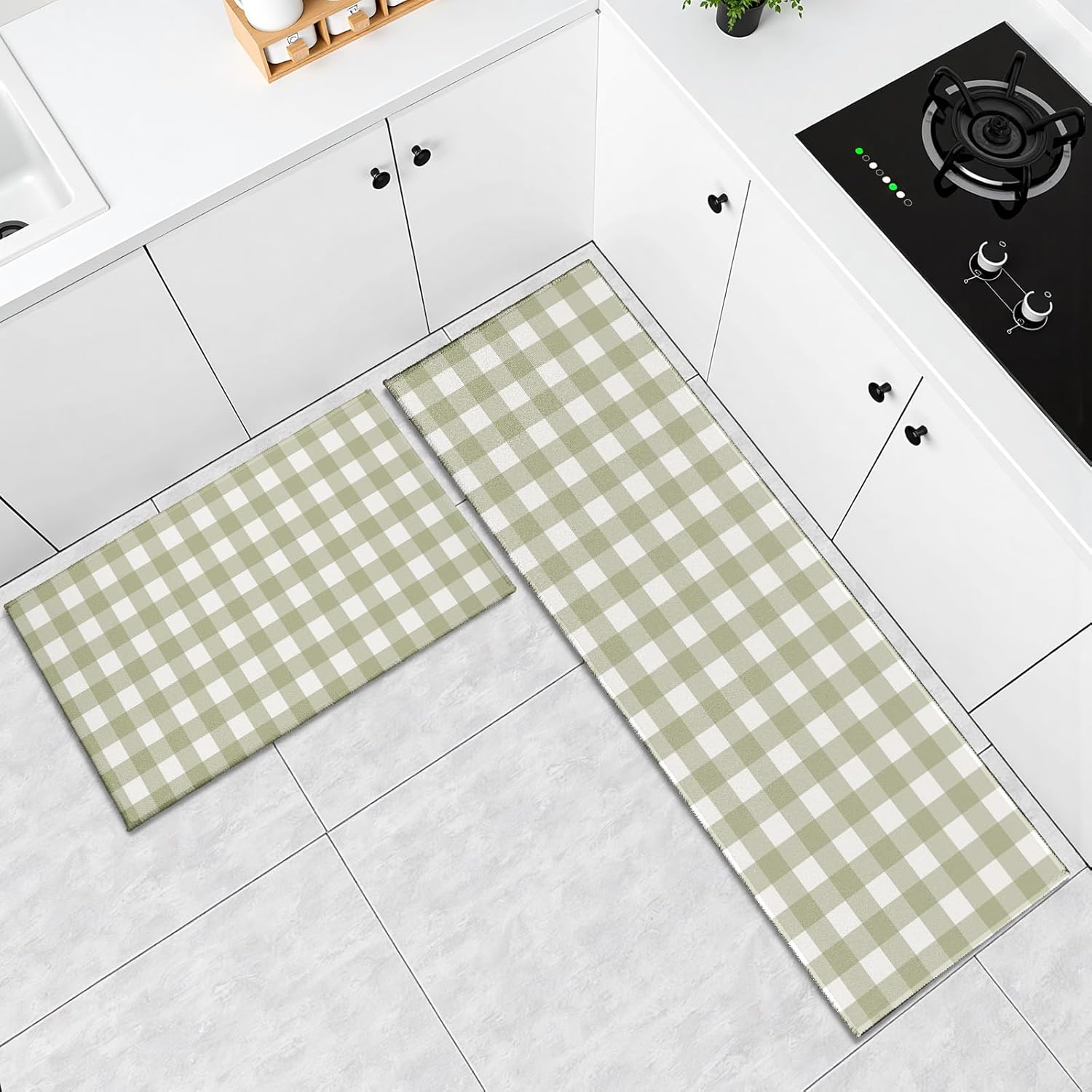 Sage Green Kitchen Rugs Modern Farmhouse Buffalo Plaid Kitchen Mats for Floor French Country Rustic Floor Mat Non-Slip Carpet Runner for Hallways Laundry Bedroom Bathroom, Set of 2
