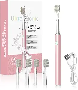 Rechargeable Sonic Electric Toothbrush for Adults – 4 Replacement Brush Heads, IPX7 Waterproof, Pink