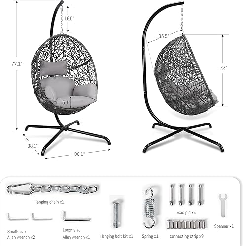 Miniatura 6 de BULEXYARD Silla columpio de gran tamaño con soporte para interiores y exteriores, mimbre de polietileno, cesta de patio, silla colgante grande con