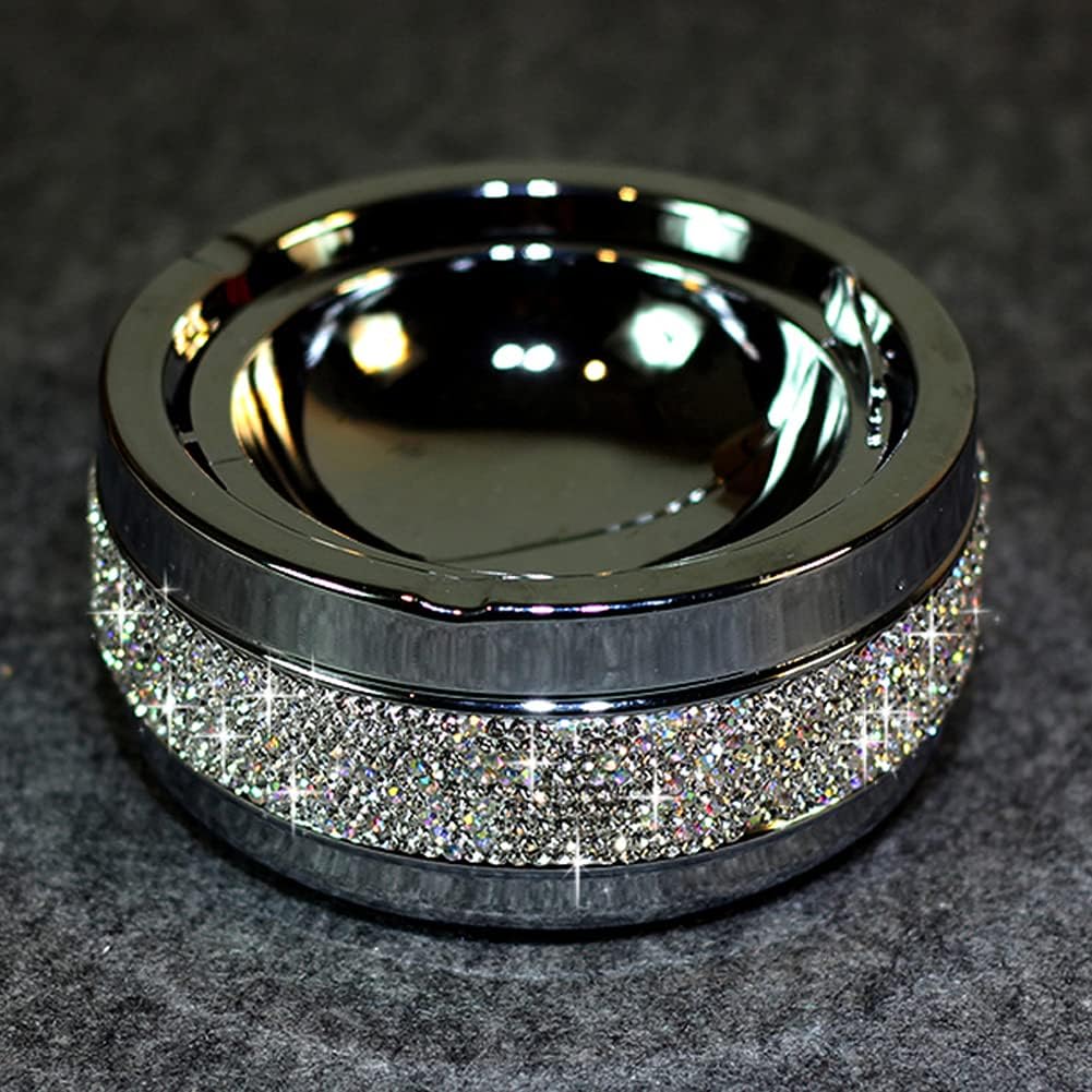 Luxury Bling Cystal Stainless Steel Portable Rhinestone Ashtray Cigarette Case for Car Home Hotel