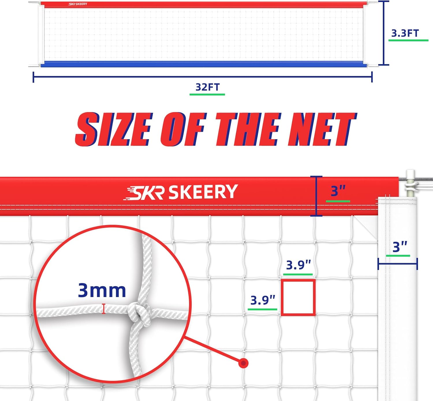 SKEERY Professional Volleyball Net,Official Size 32×3.3FT,Equipped with Double Steel Cables with 3.3FT Double Side Bars,Portable Volleyball Net for Backyard,School,Courts