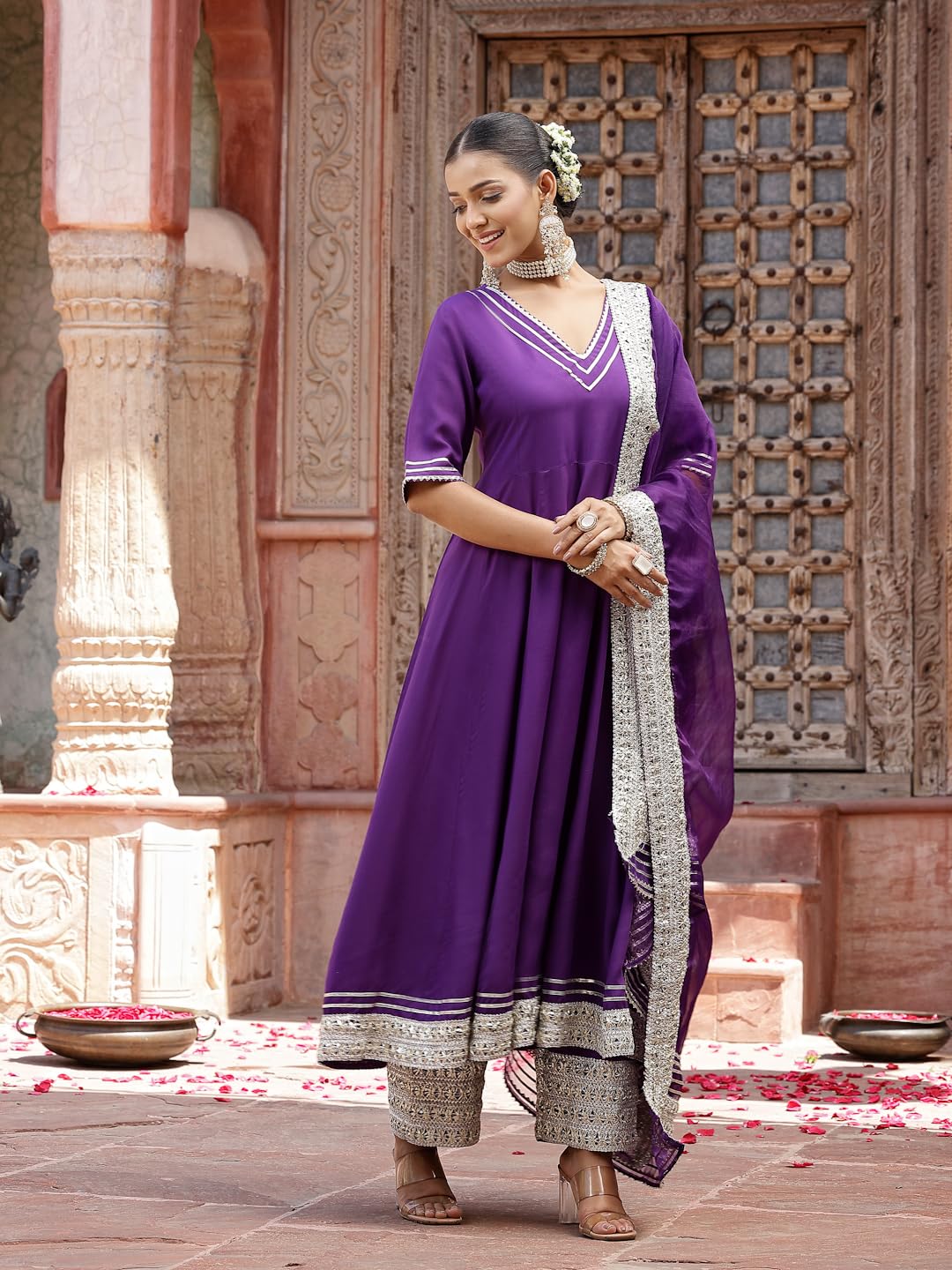Stylum Women's Solid Rayon Anarkali Kurta Pant & Dupatta Set (Kpdvoilkivi44_Violet, Xxl)