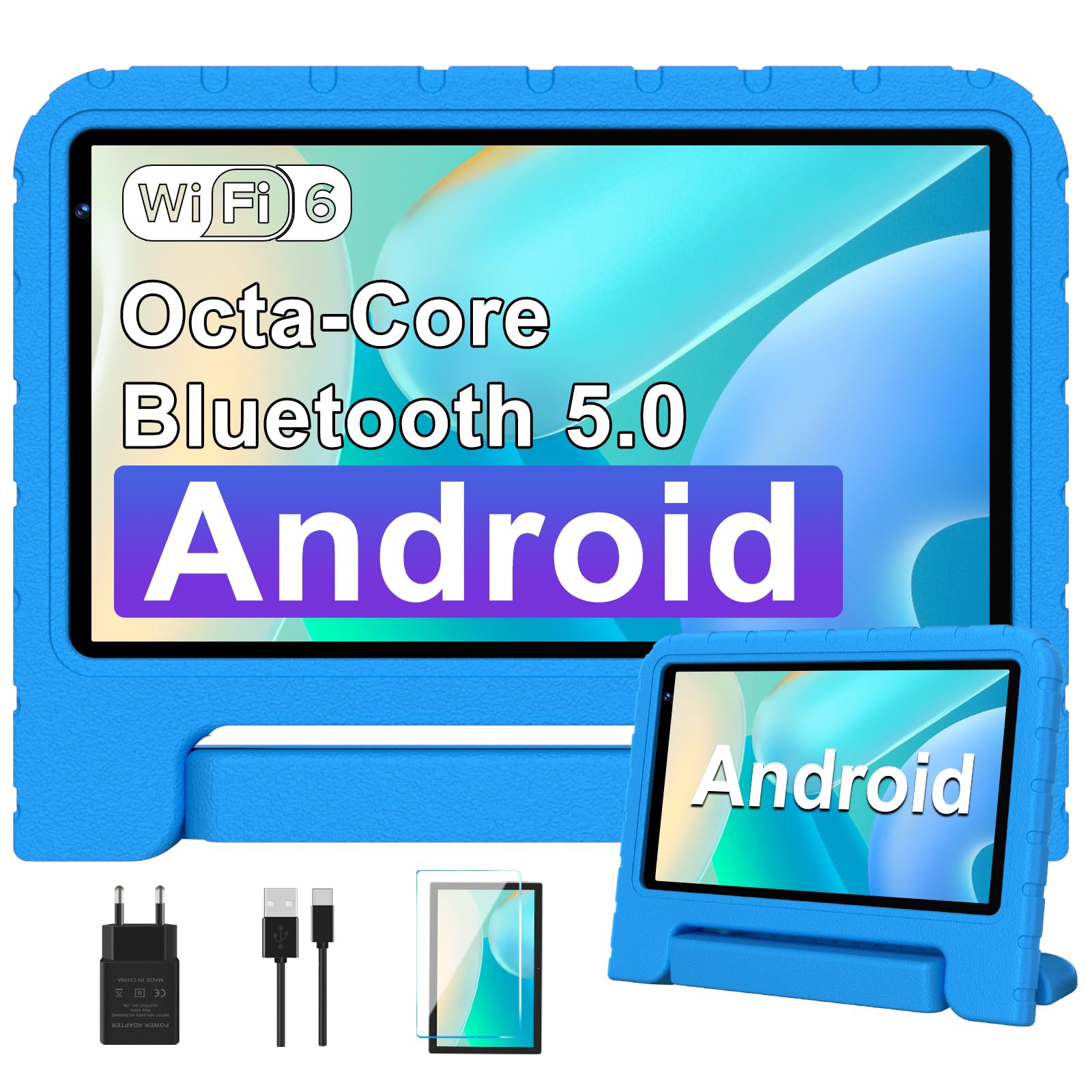Tablette pour 7 Pouces Android Tablette Enfants avec 10GB+64GB(TF 1TB),Kids Tablette Tactile Octa-Core,Éducative Apps Pré-Installé,Contrôle Parental, WiFi 6, BT5.0,Cas EVA - Bleu