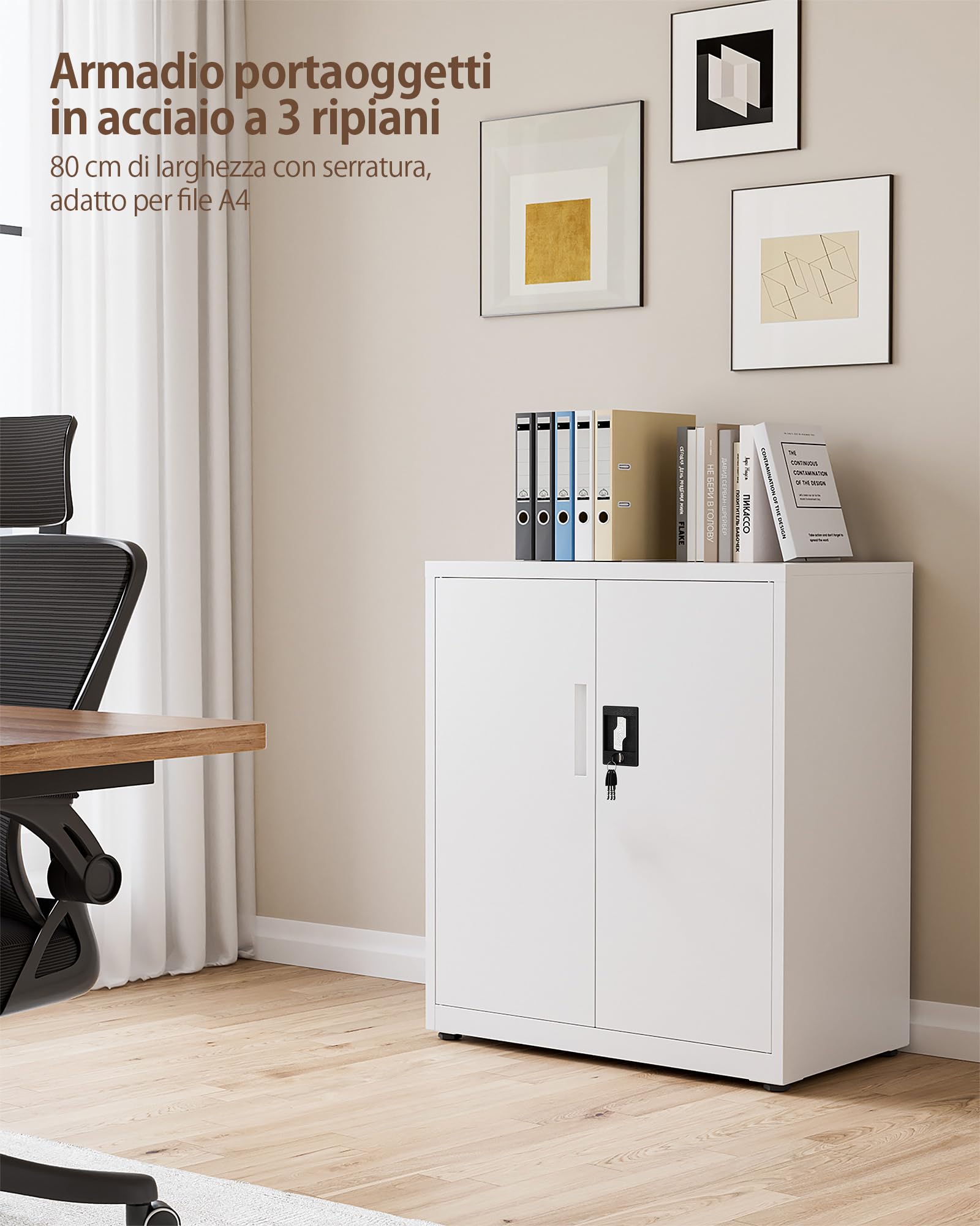 LAND·VOI Armadio in Acciaio 3 Ripiani con Serratura Ripiani Regolabili Ante a Doppia Porta Armadio per Ufficio Mobile in Metallo per Ufficio Garage Cucina Officina 80x40x91.5cm