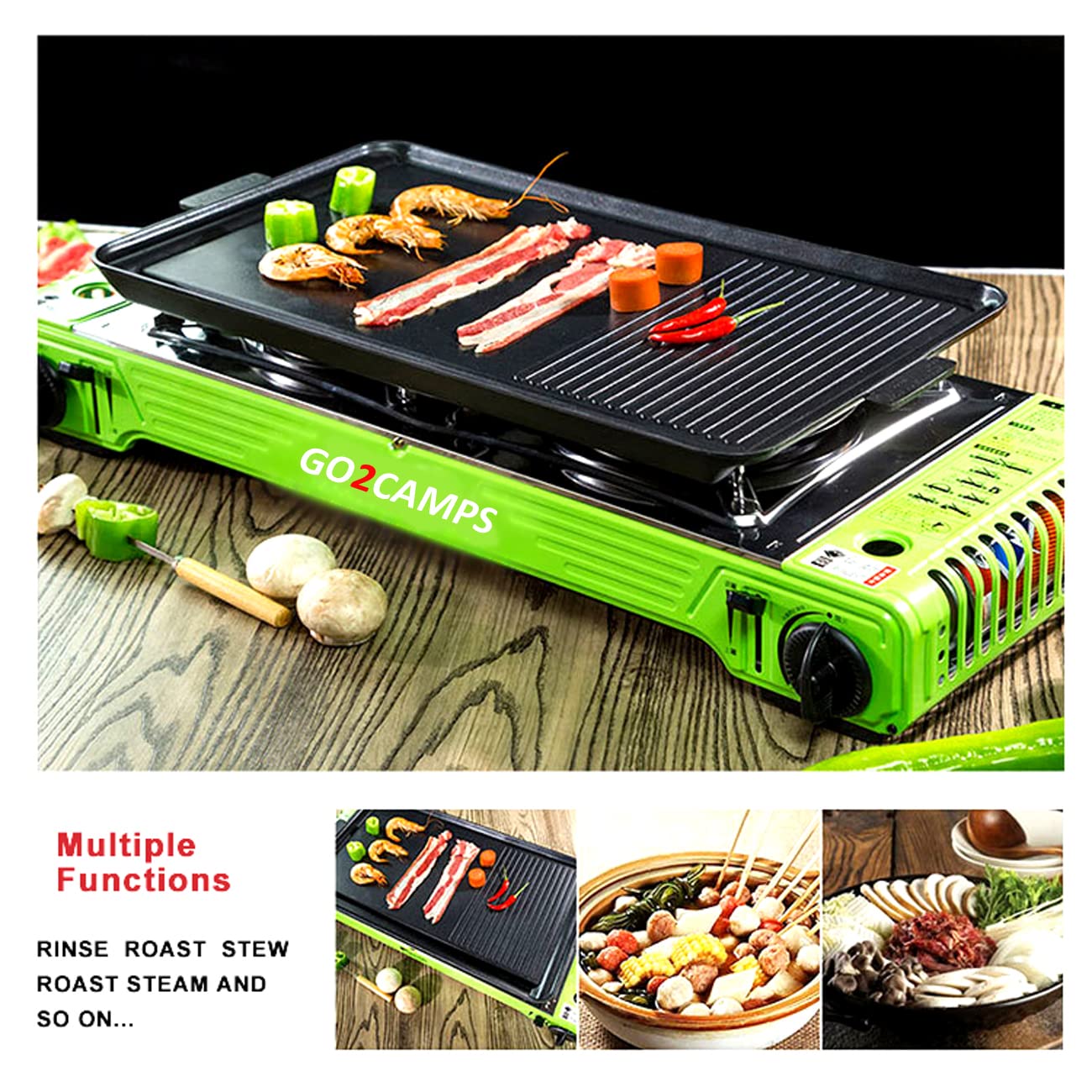 GO2CAMPS Double Burner Butane Camping Stove with BBQ Grill Tray Caston Hotplate HumBurger Tray