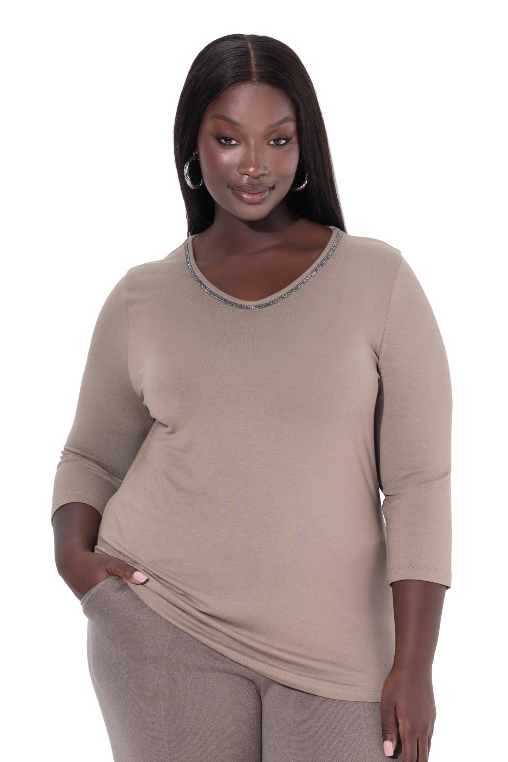 Ulla Popken Damen große Größen Übergrößen Plus Size Shirt, Zierband, Classic, V-Ausschnitt, 3/4-Arm 843239