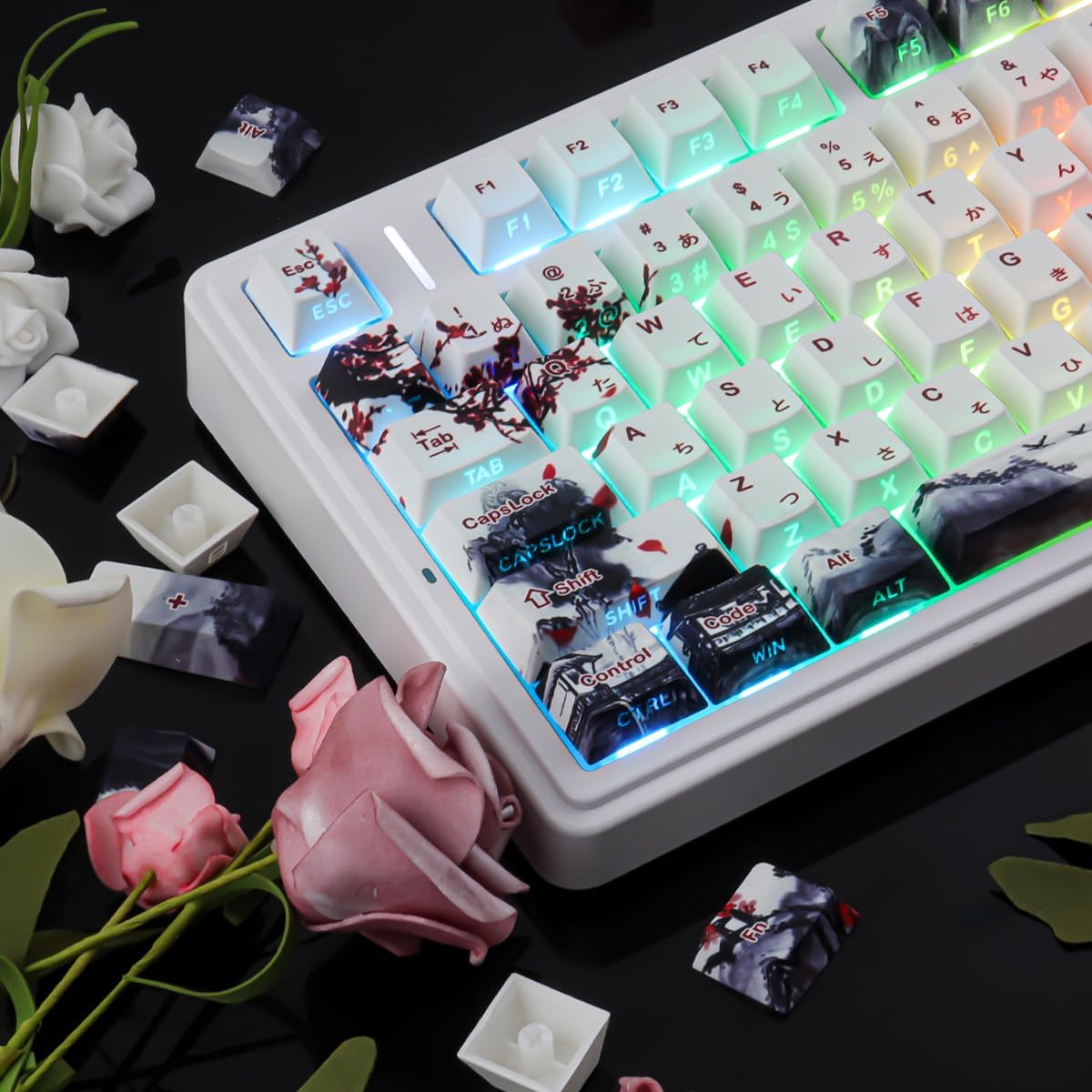 JOMKIZ PBT Keycaps with Landscape Plum Blossom Design Side Print Shine Through Keycaps for Mechanical Keyboard Cherry Profile Double Shot PBT Keycap Set Compatible with 61 64 68 87 104 108 Keys