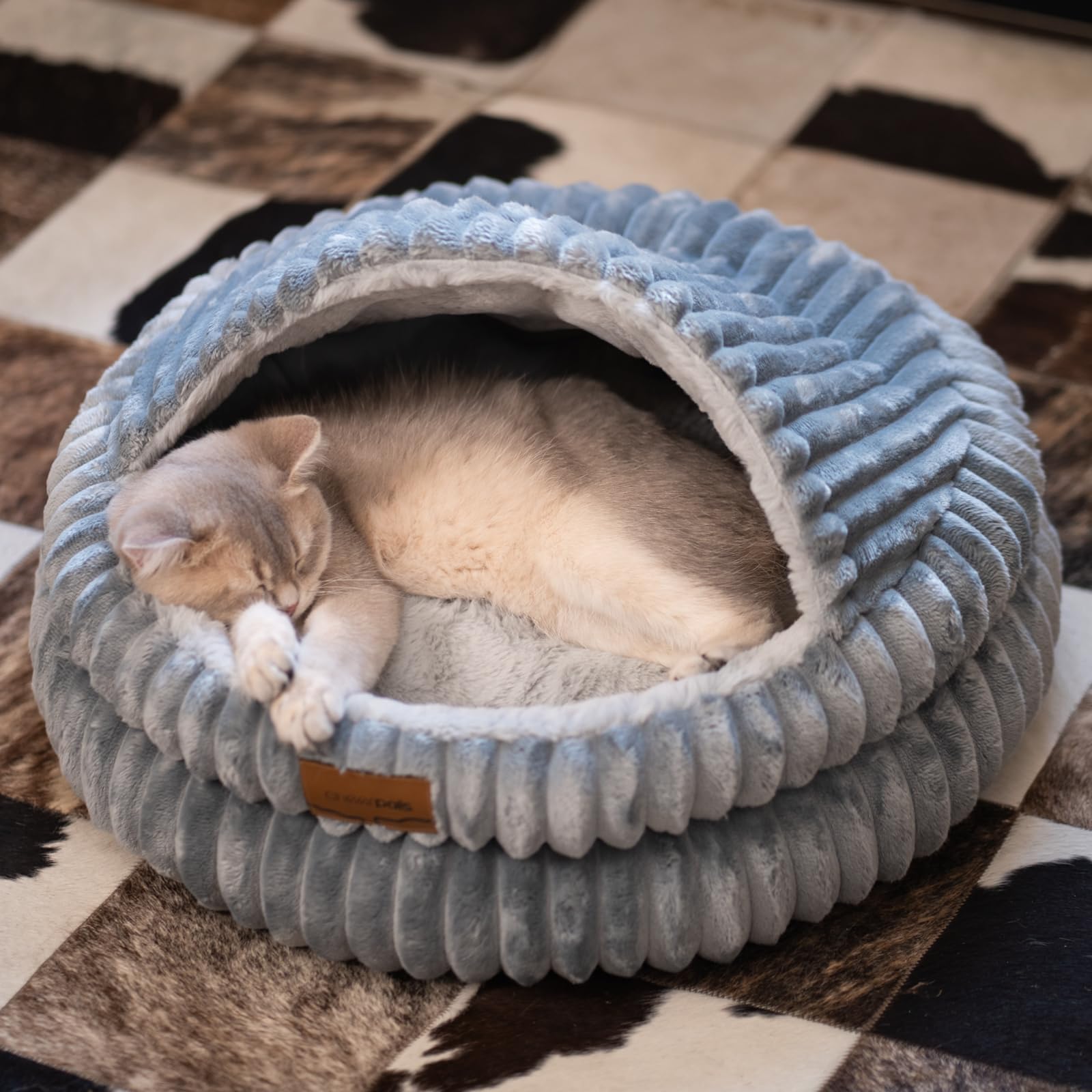 cheerpals cat cave bed for indoor cats covered hooded pet bed with cushion | washable machine mat, warm cozy comfortable round kitty bed soft fluffy enclosed pet bed for puppy and cats(dark blue)