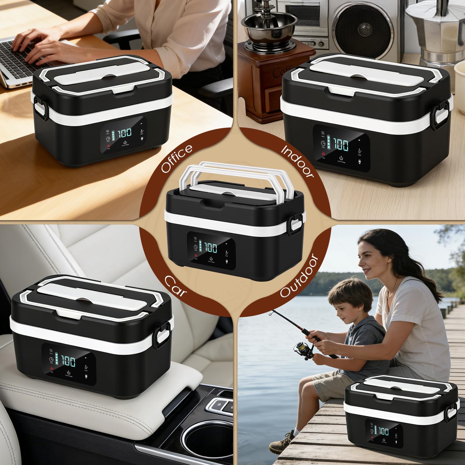 Ciotola riscaldata a batteria 30000 mAh, 100 W, contenitore riscaldante ricaricabile 1,3 l, in acciaio inossidabile, con contenitore riscaldante per pasto con timer, sacchetto isotermico posate