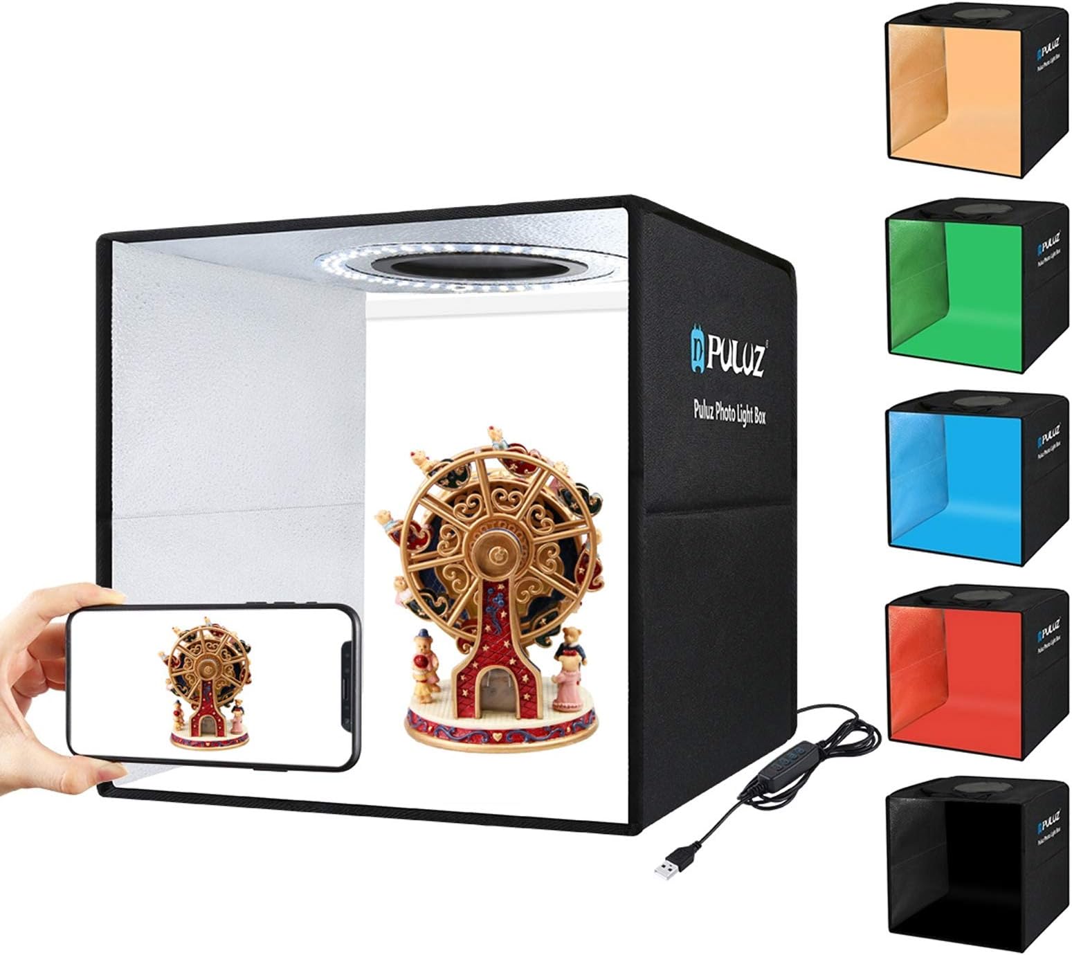 PULUZPhoto Studio Box, Mini Folding Lightbox LED Ring Light Portable Photo Studio Photography Shooting Tent Box Kit 6 Colors Backdrops USB Light Box for Phones DSLR Camera 12 x 12 inch